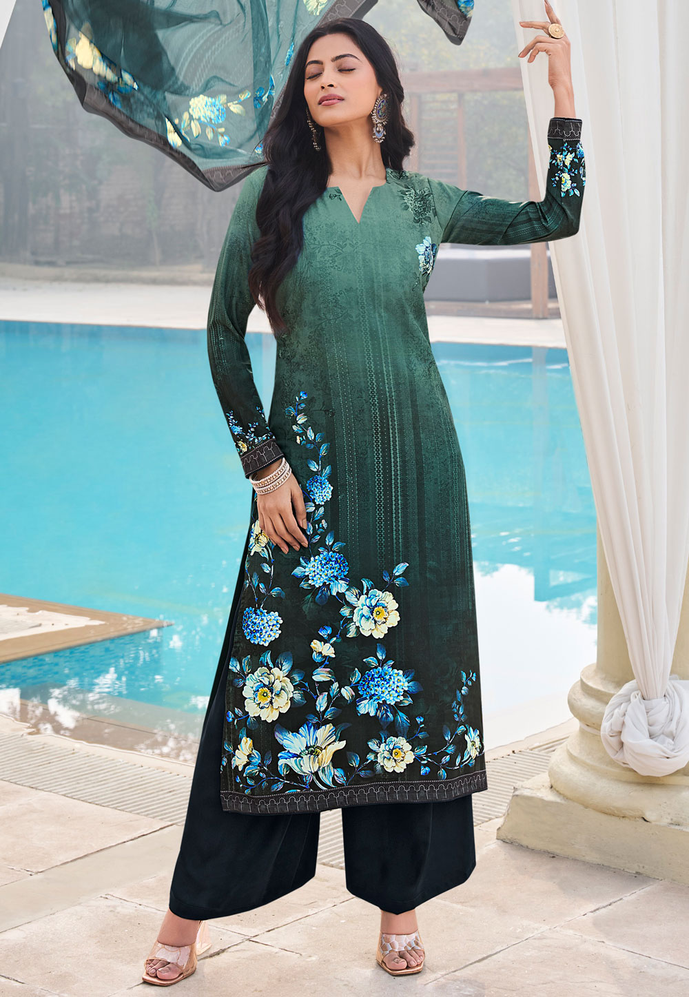 Green Crepe Palazzo Suit 310479