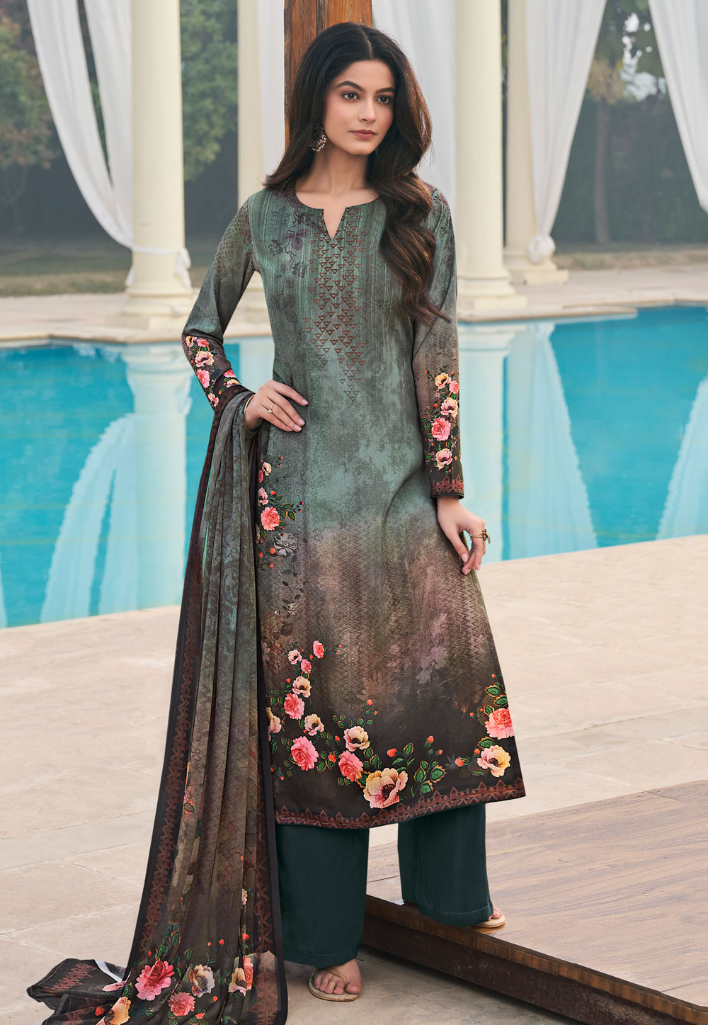 Green Crepe Palazzo Suit 310481