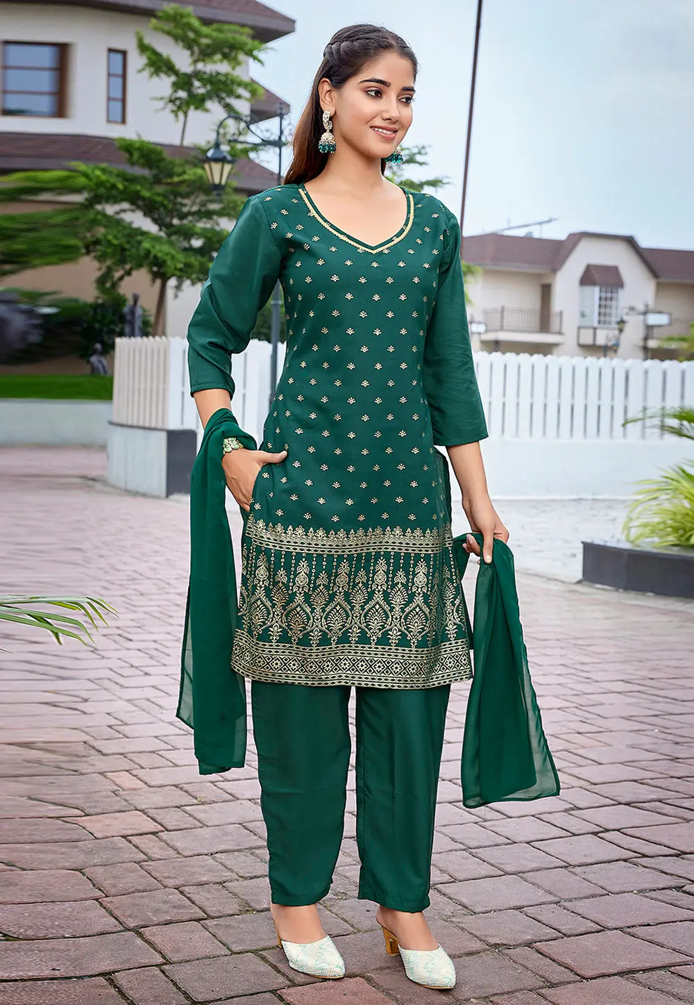 Green Crepe Readymade Pakistani Suit 303215