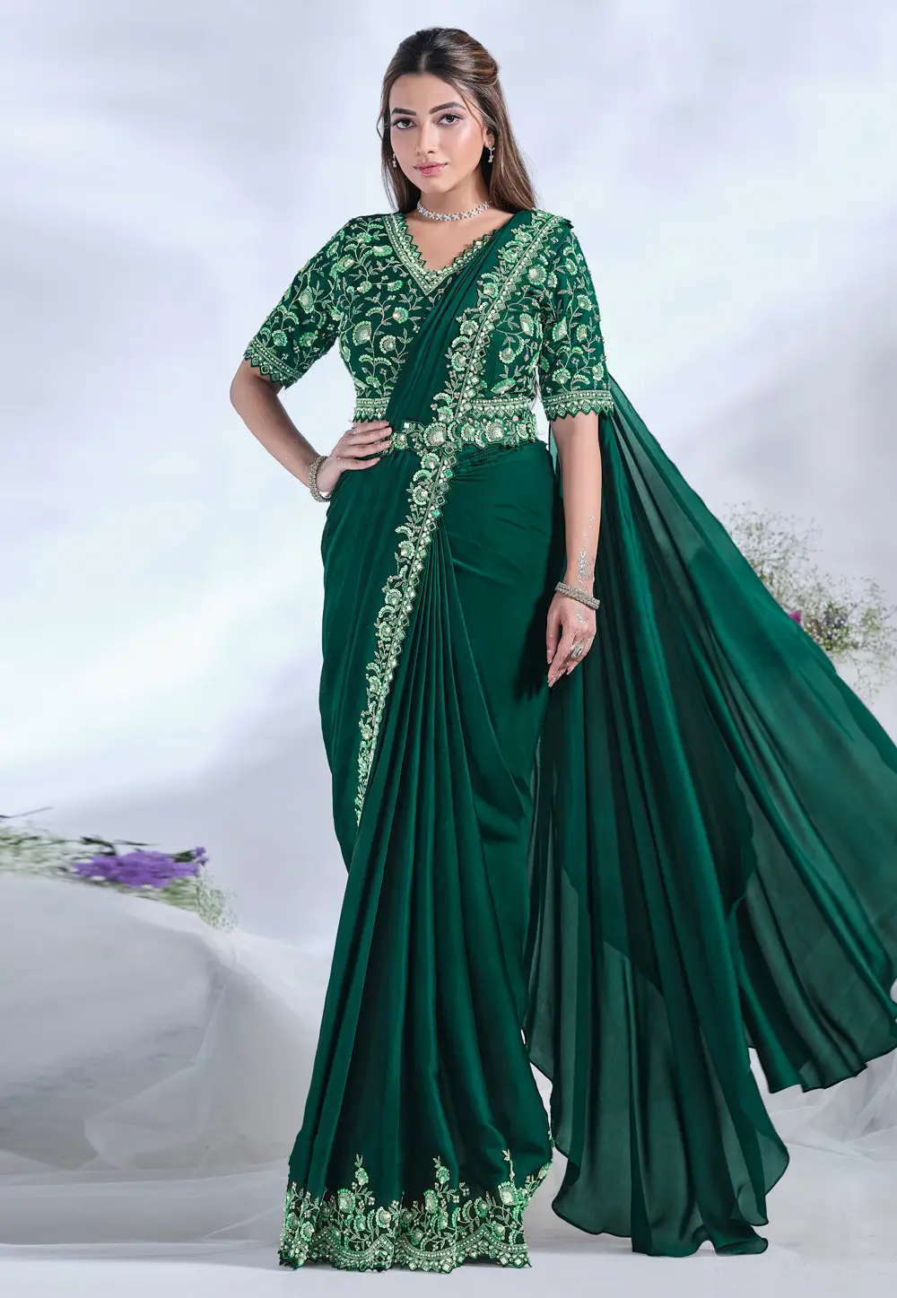 Green Crepe Saree With Blouse 295896