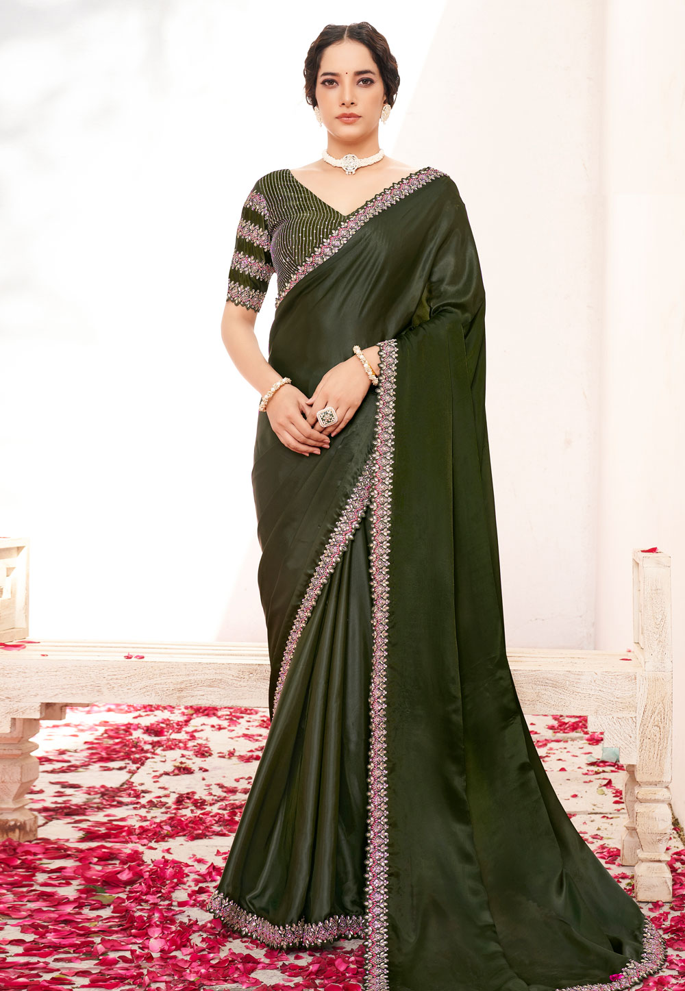 Green Crepe Saree With Blouse 309430