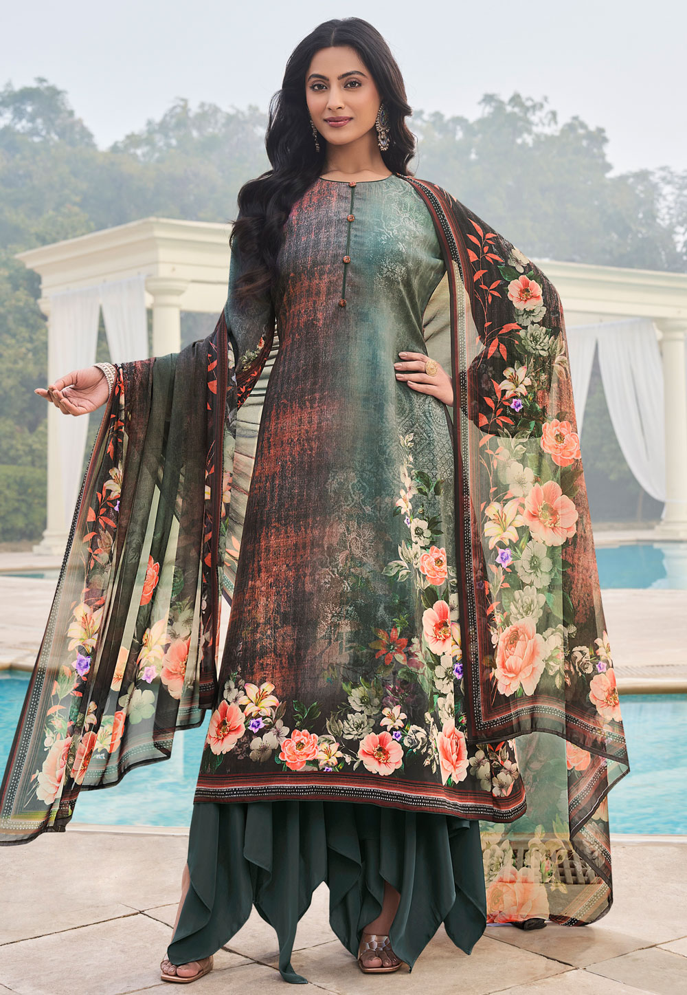 Green Crepe Sharara Suit 310478