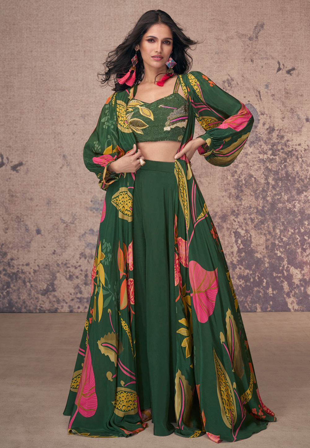 Green Crepe Silk Palazzo With Crop Top 286178
