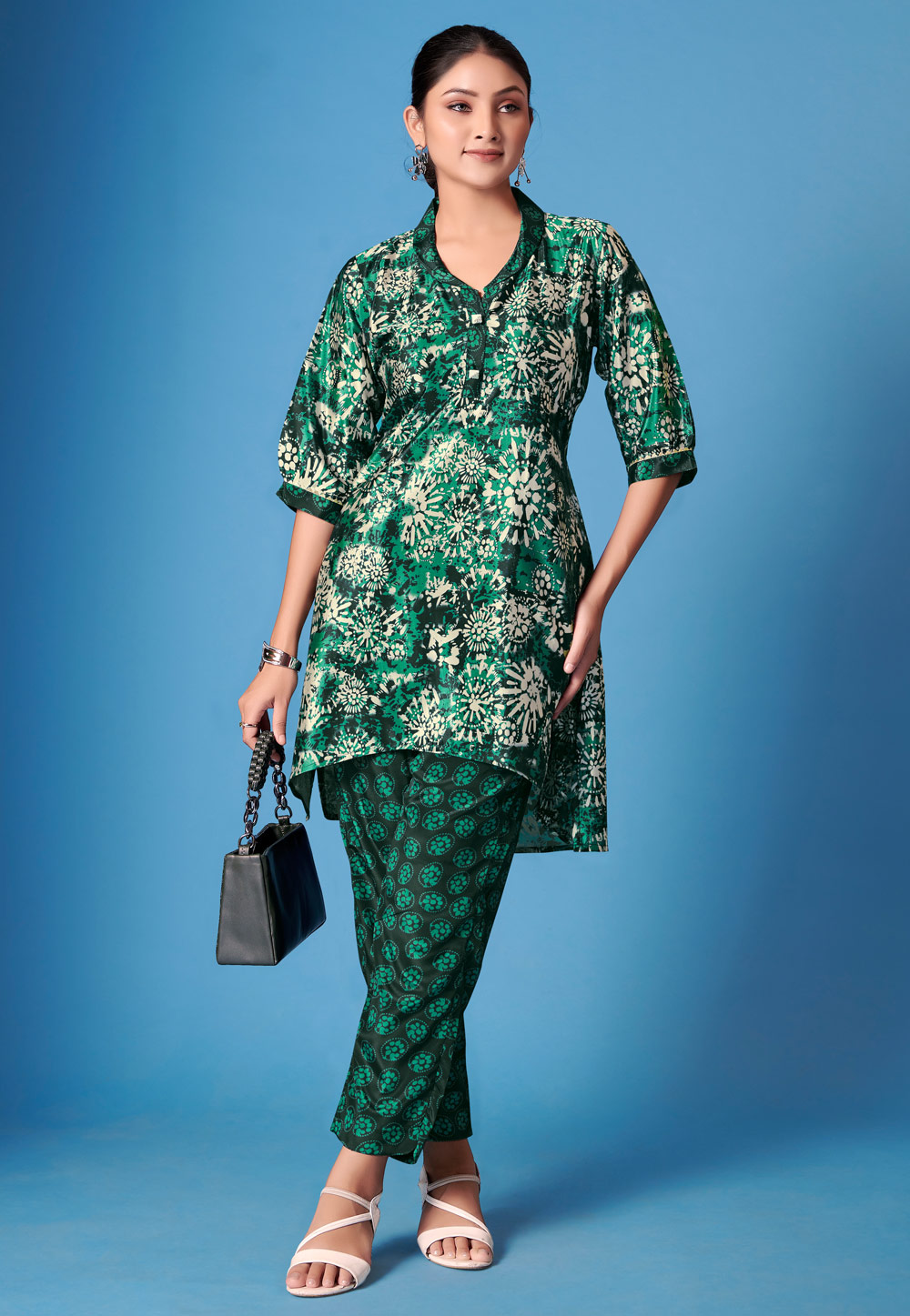 Green Crepe Silk Printed Co-Ords Set 305372