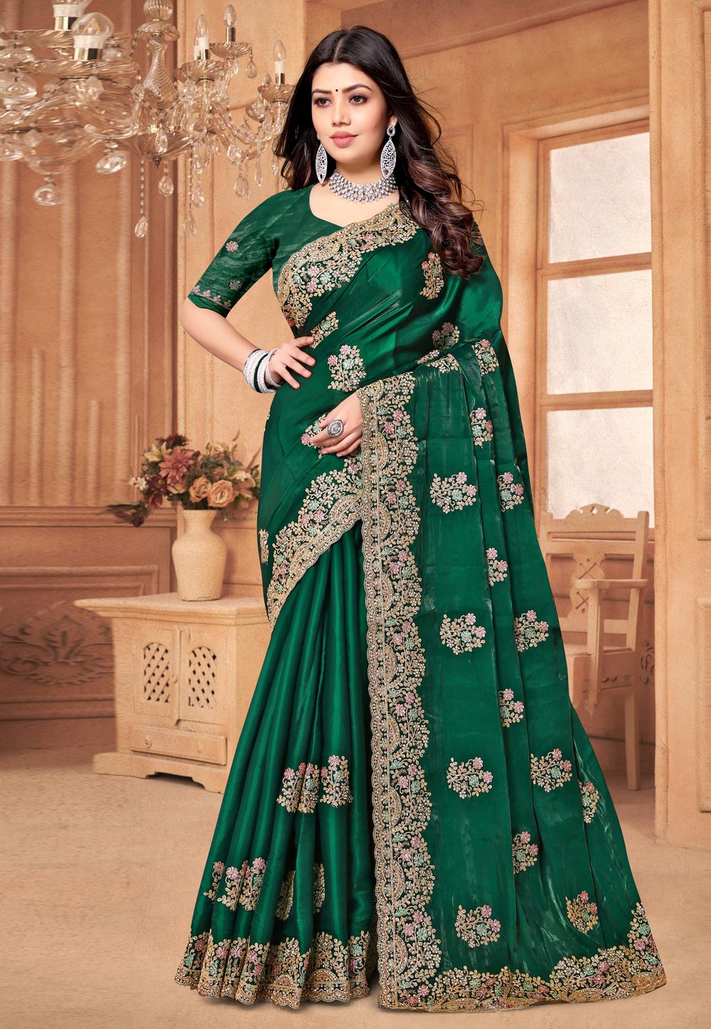 Green Crepe Silk Saree With Blouse 282856