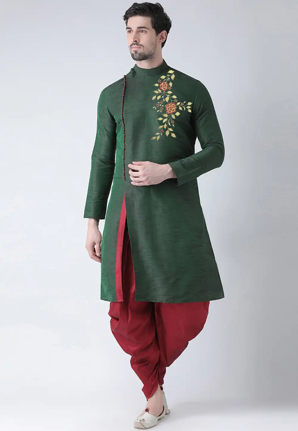 Green Dupion Silk Dhoti Kurta 289944