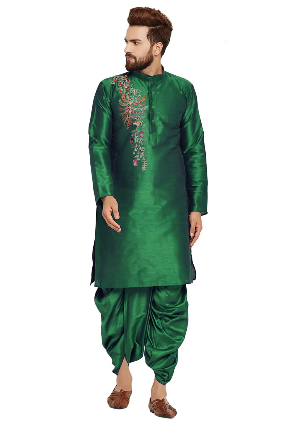 Green Dupion Silk Dhoti Kurta 303403