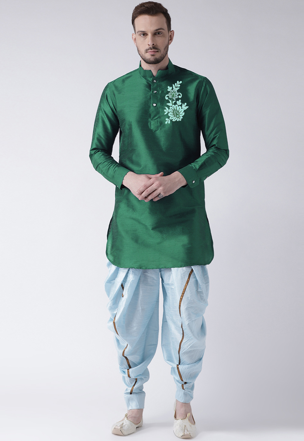 Green Dupion Silk Dhoti Kurta 304878