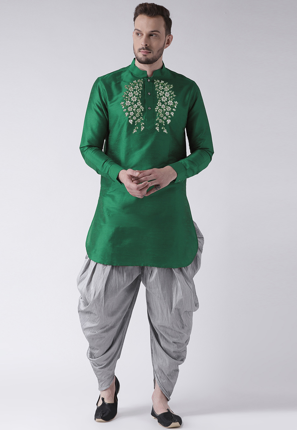 Green Dupion Silk Dhoti Kurta 304885