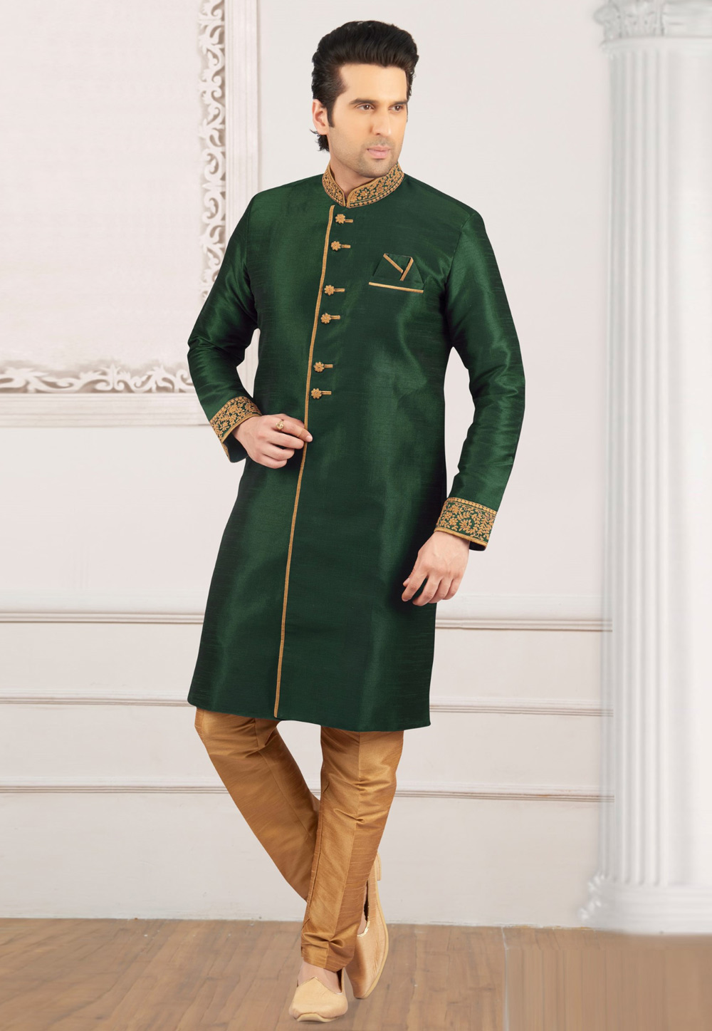 Green Dupion Silk Indo Western Suit 309775