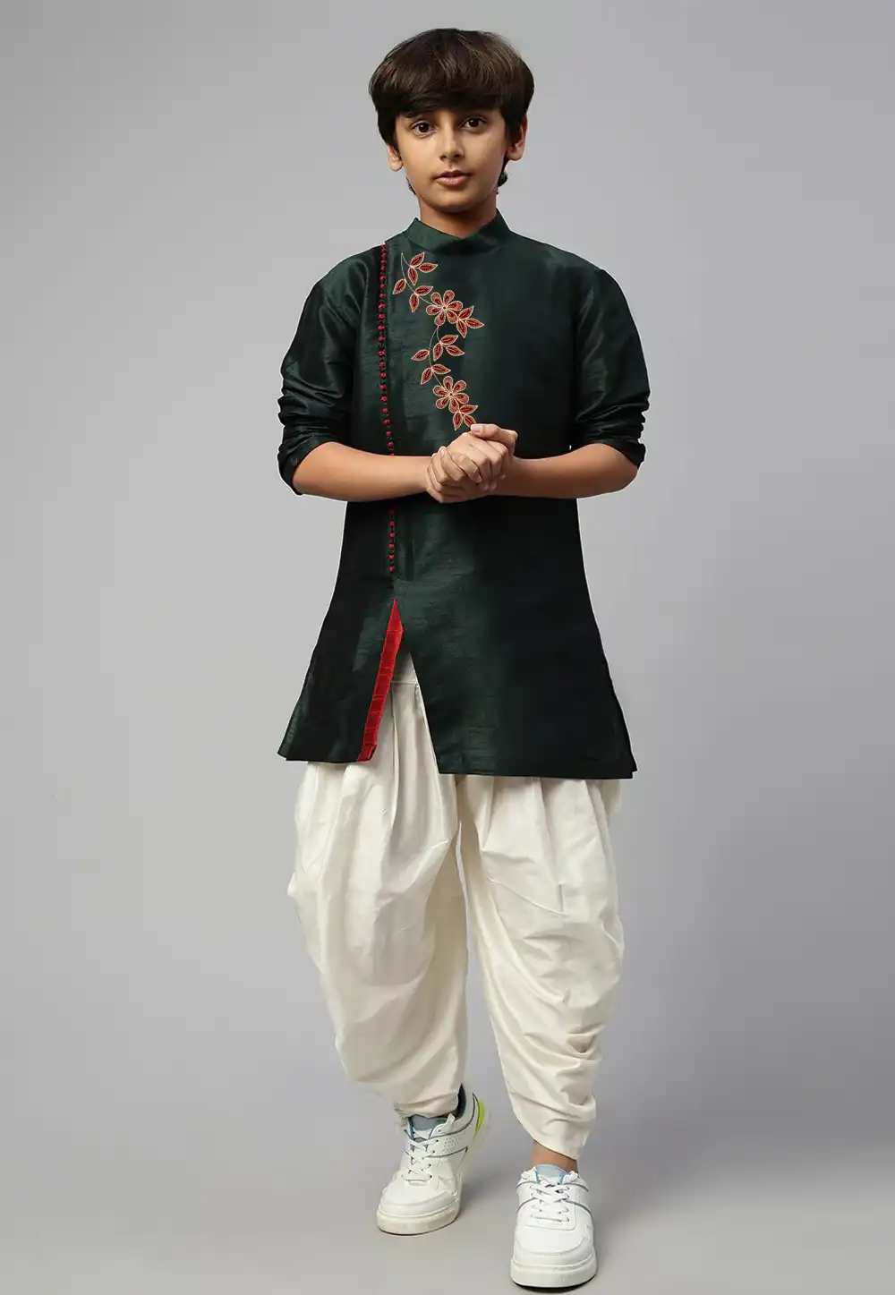 Green Dupion Silk Kids Dhoti Kurta 288305