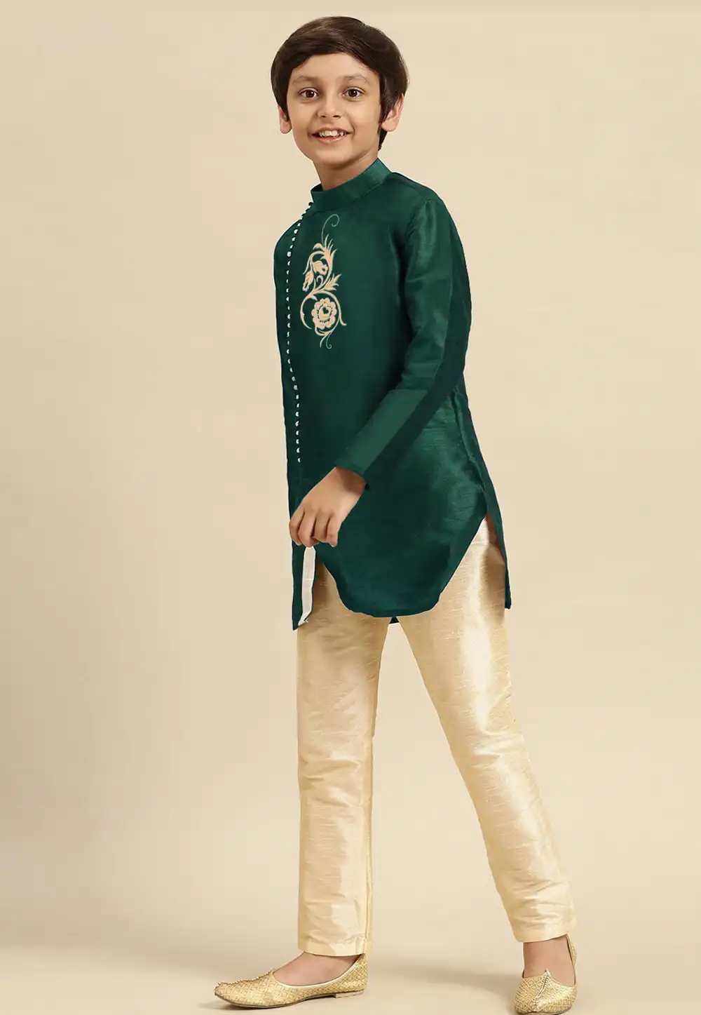 Green Dupion Silk Kids Kurta Pajama 289212