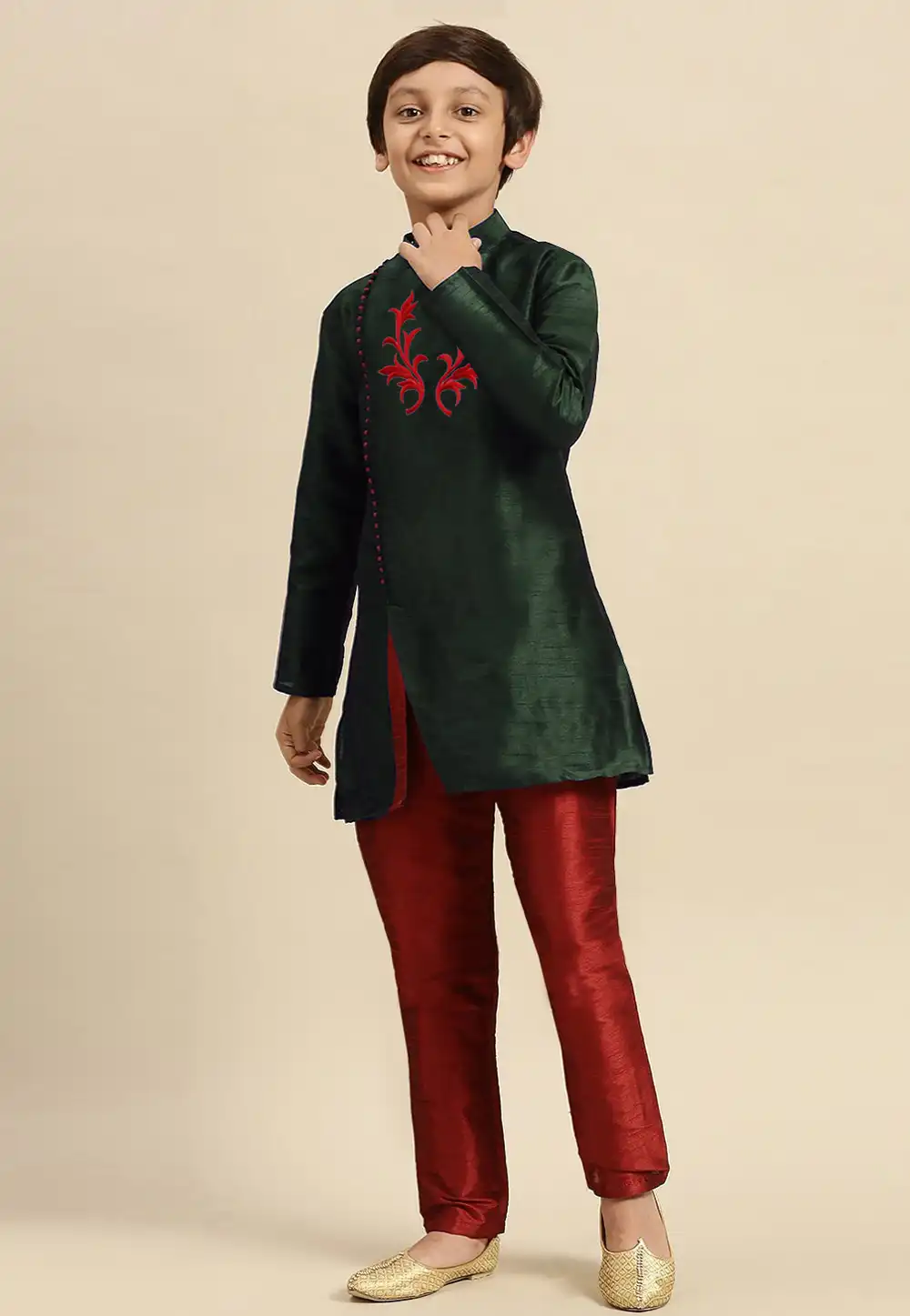 Green Dupion Silk Kids Kurta Pajama 289223