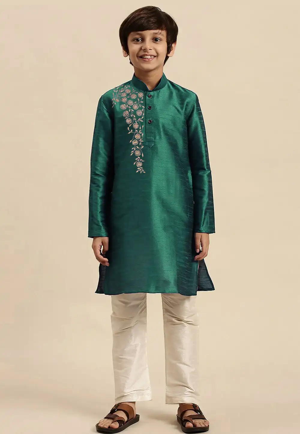 Green Dupion Silk Kids Kurta Pajama 289238