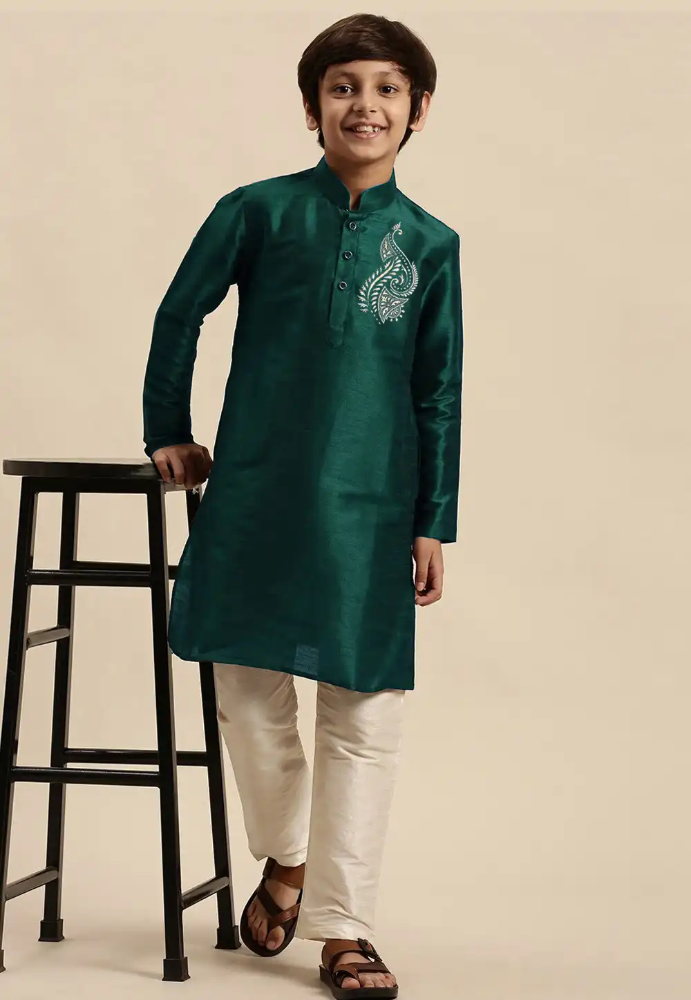 Green Dupion Silk Kids Kurta Pajama 289246