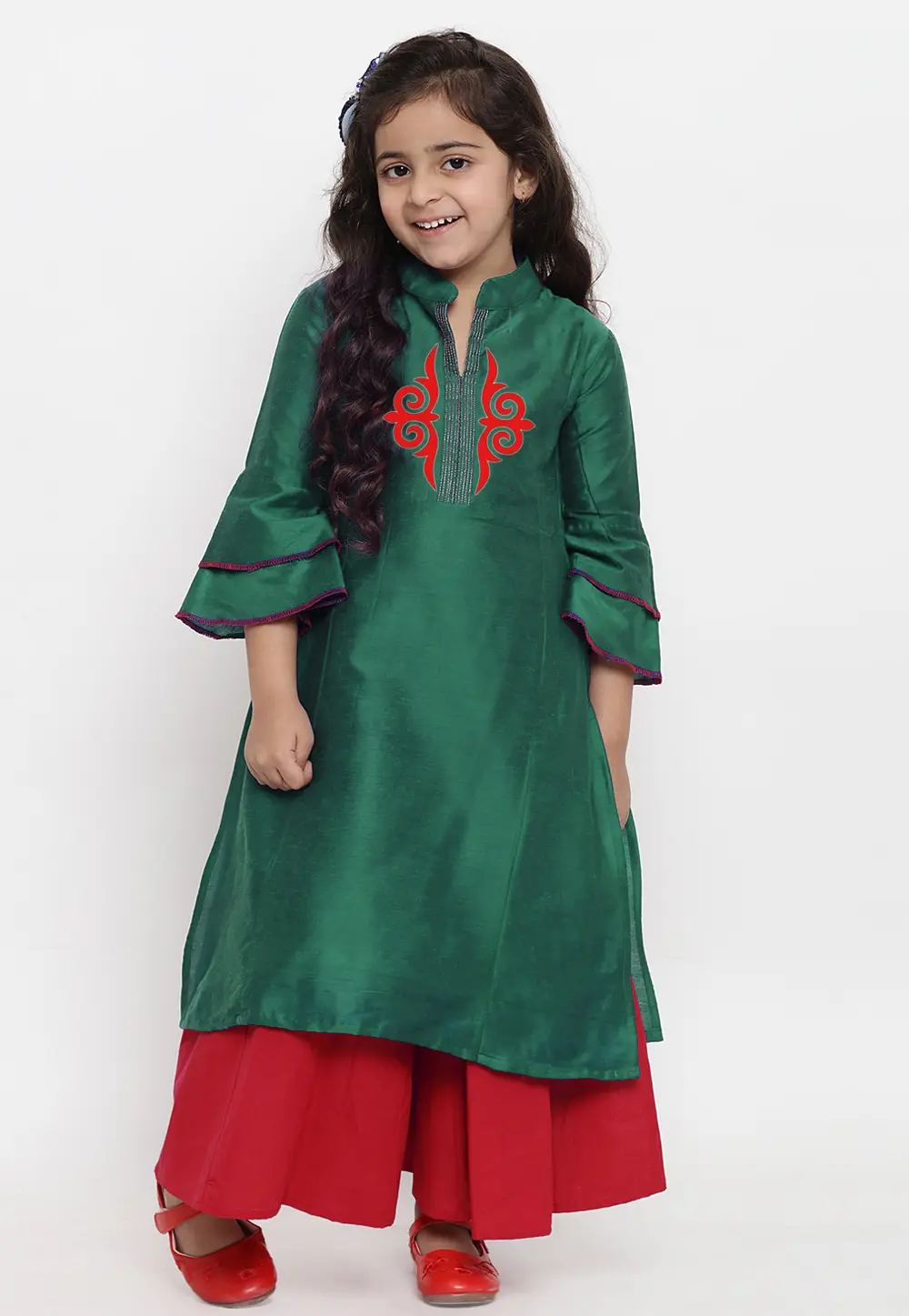 Green Dupion Silk Kids Palazzo Suit 301836