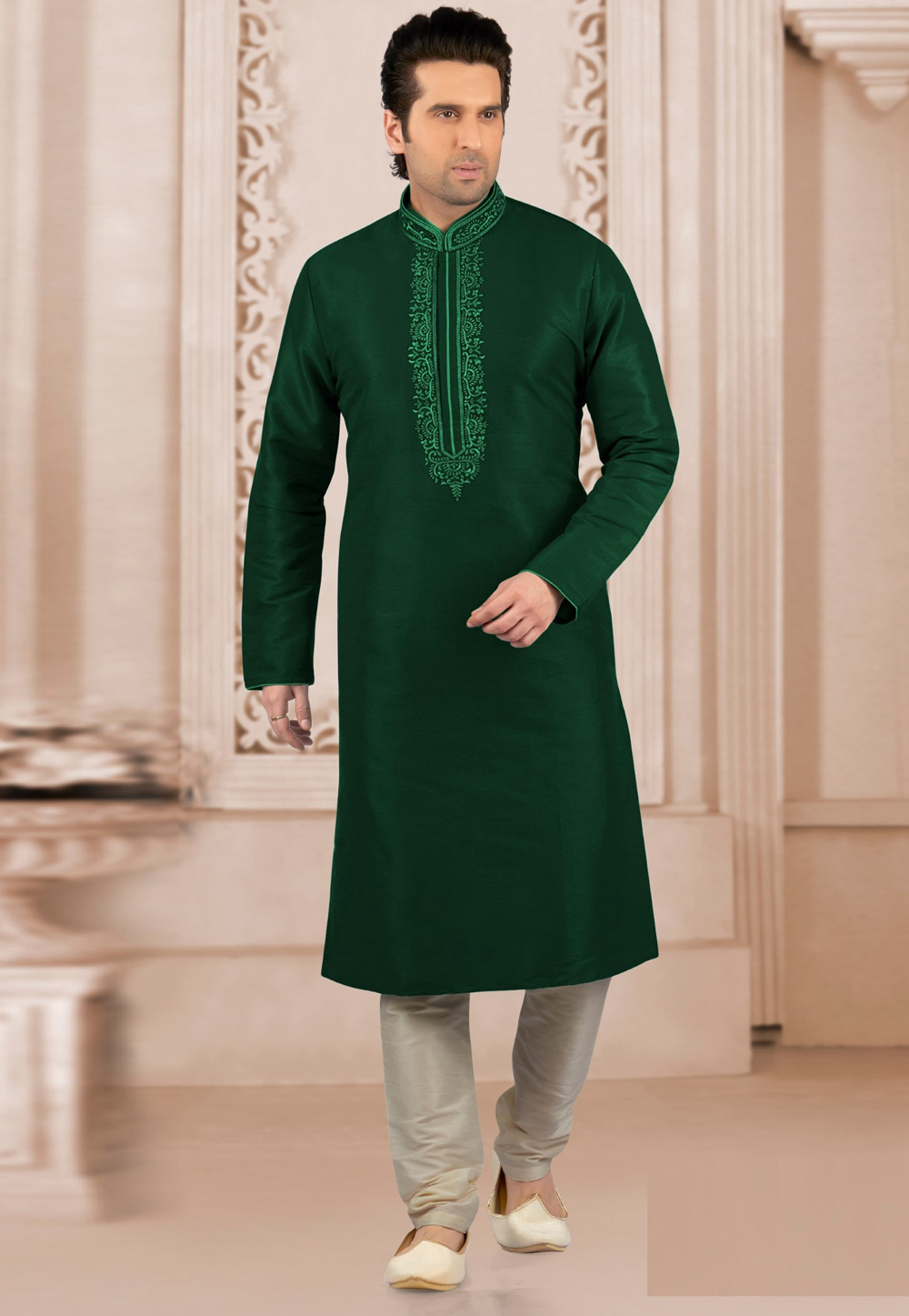 Green Dupion Silk Kurta Pajama 309767