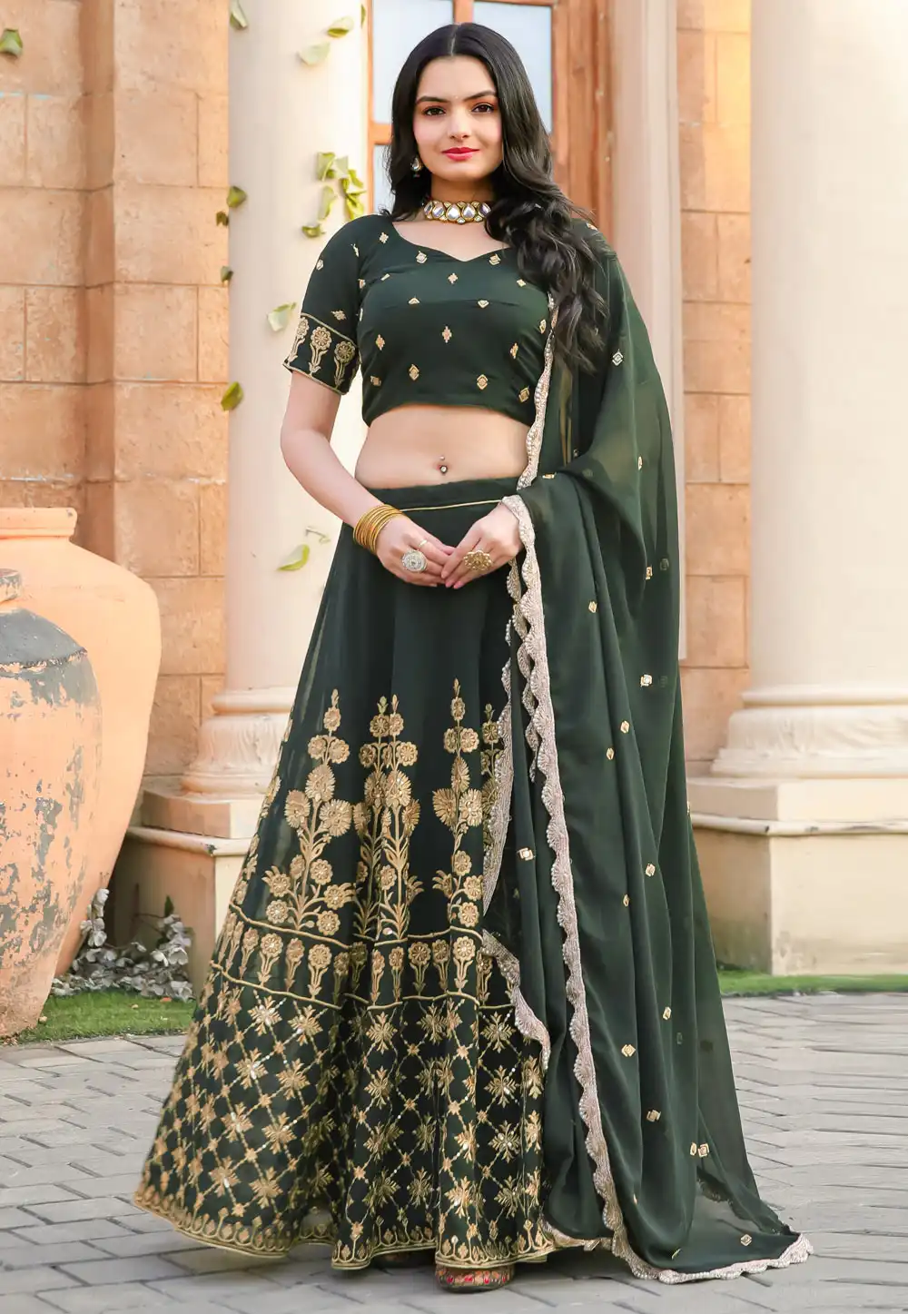 Green Faux Georgette A Line Lehenga Choli 293357