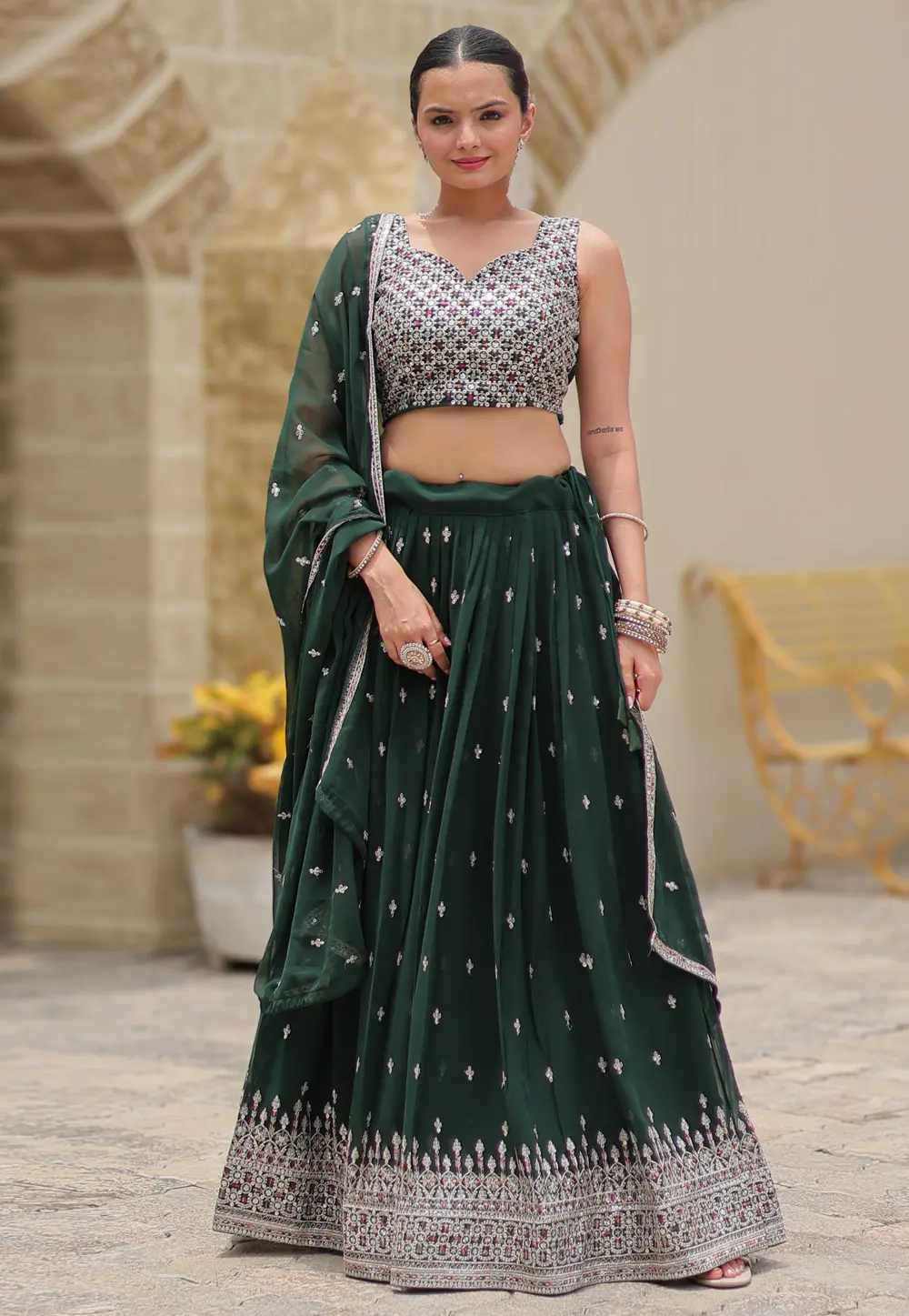 Green Faux Georgette Circular Lehenga Choli 299076