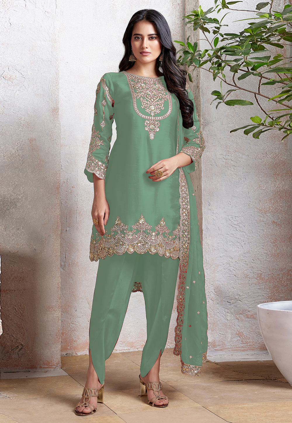 Green Faux Georgette Dhoti Salwar Suit 311230