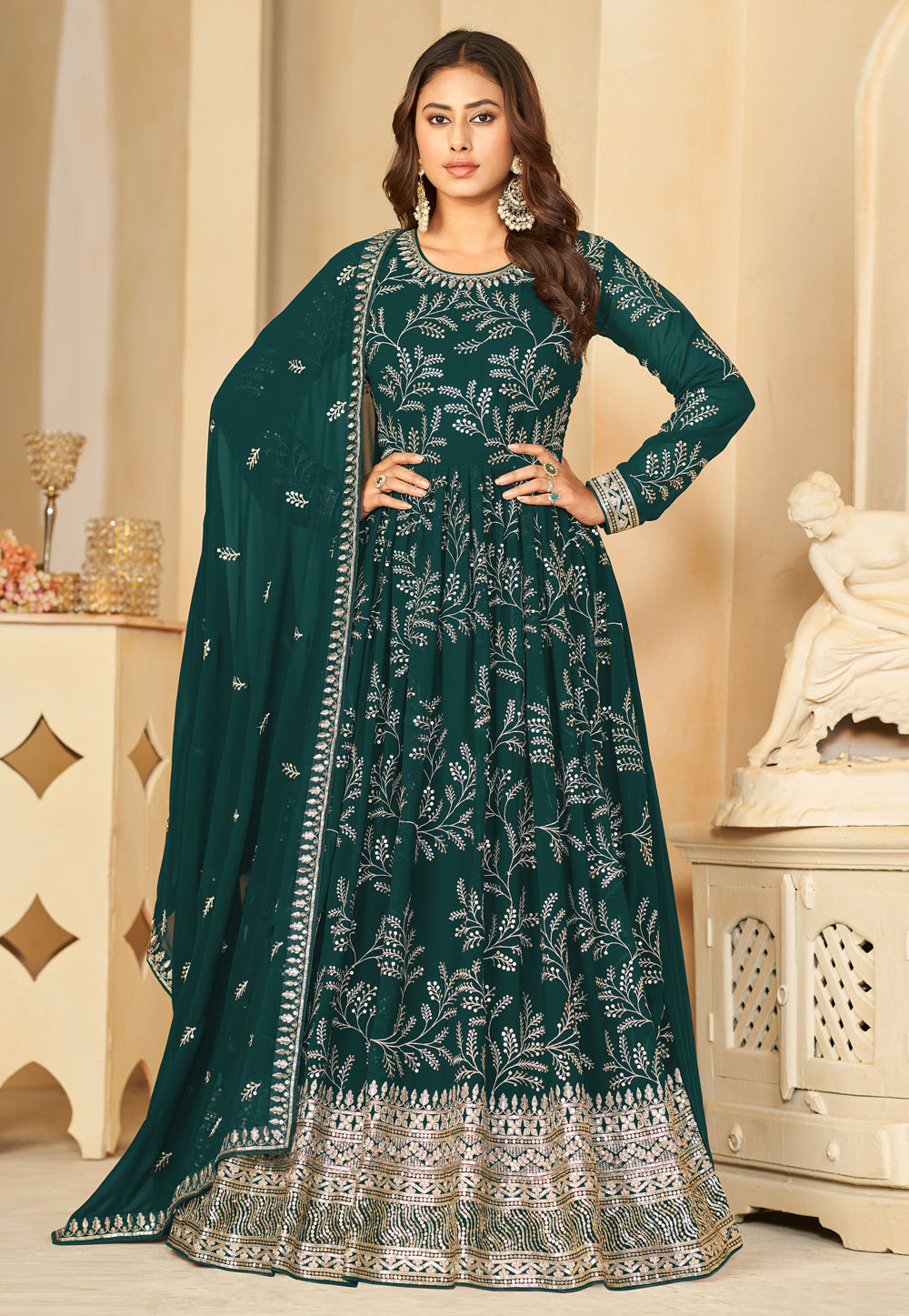 Green Faux Georgette Embroidered Anarkali Suit 281908