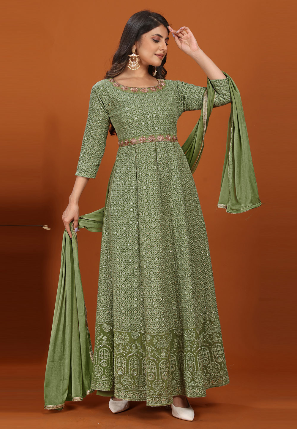 Green Faux Georgette Embroidered Anarkali Suit 287561