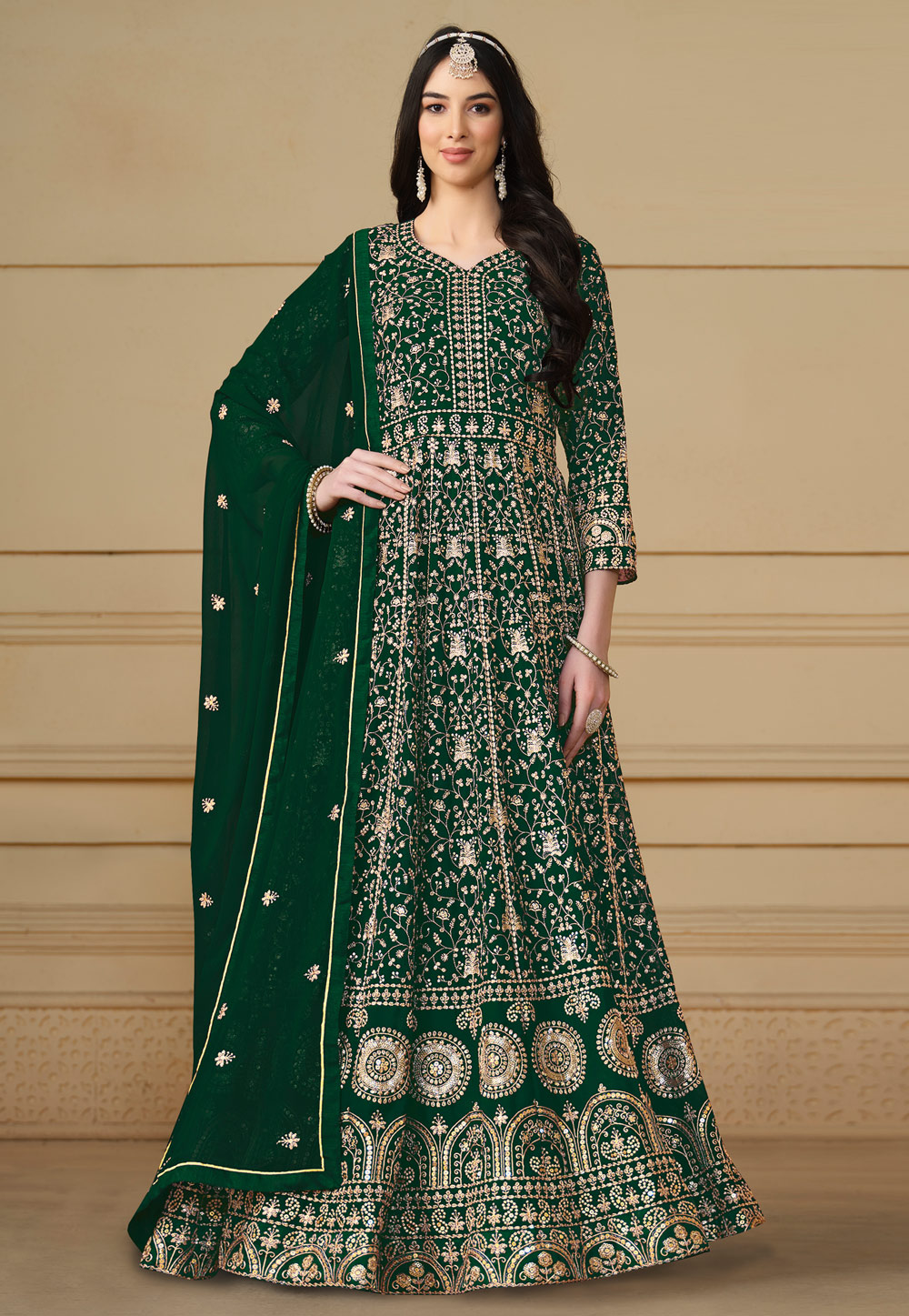 Green Faux Georgette Embroidered Anarkali Suit 283855