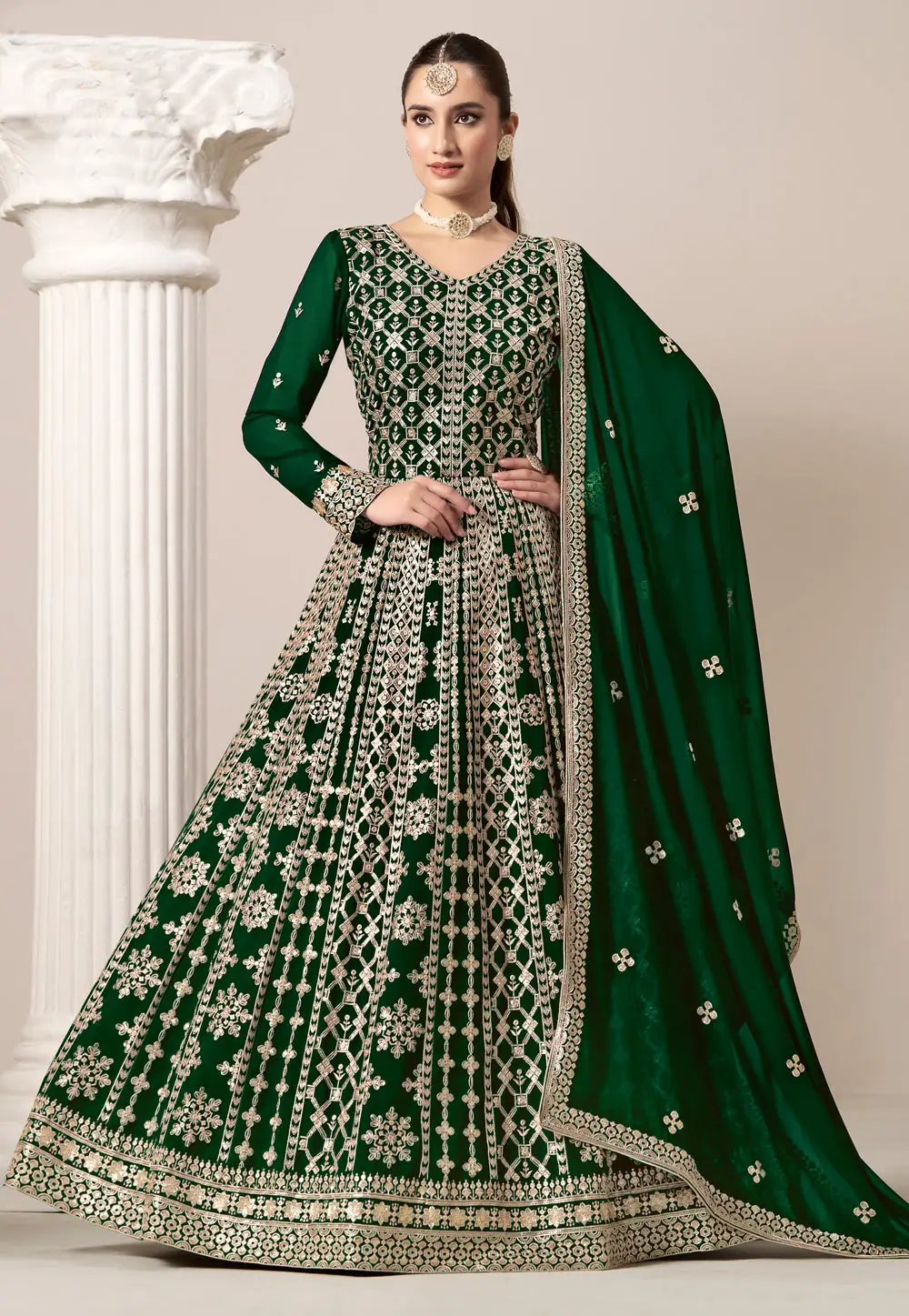 Green Faux Georgette Embroidered Long Anarkali Suit 296586