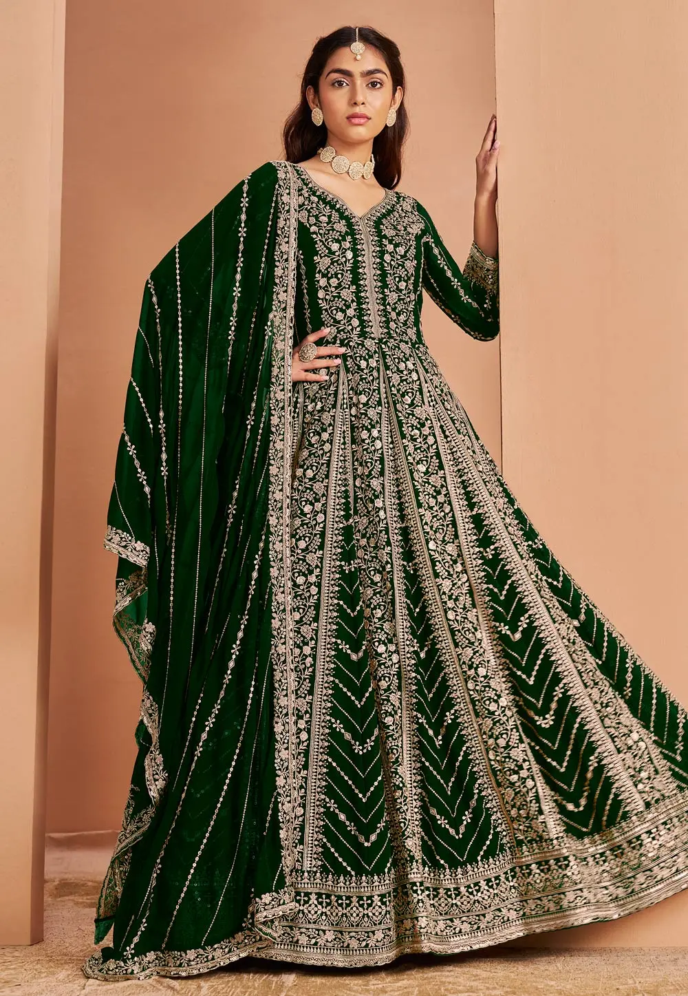 Green Faux Georgette Embroidered Long Anarkali Suit 303241