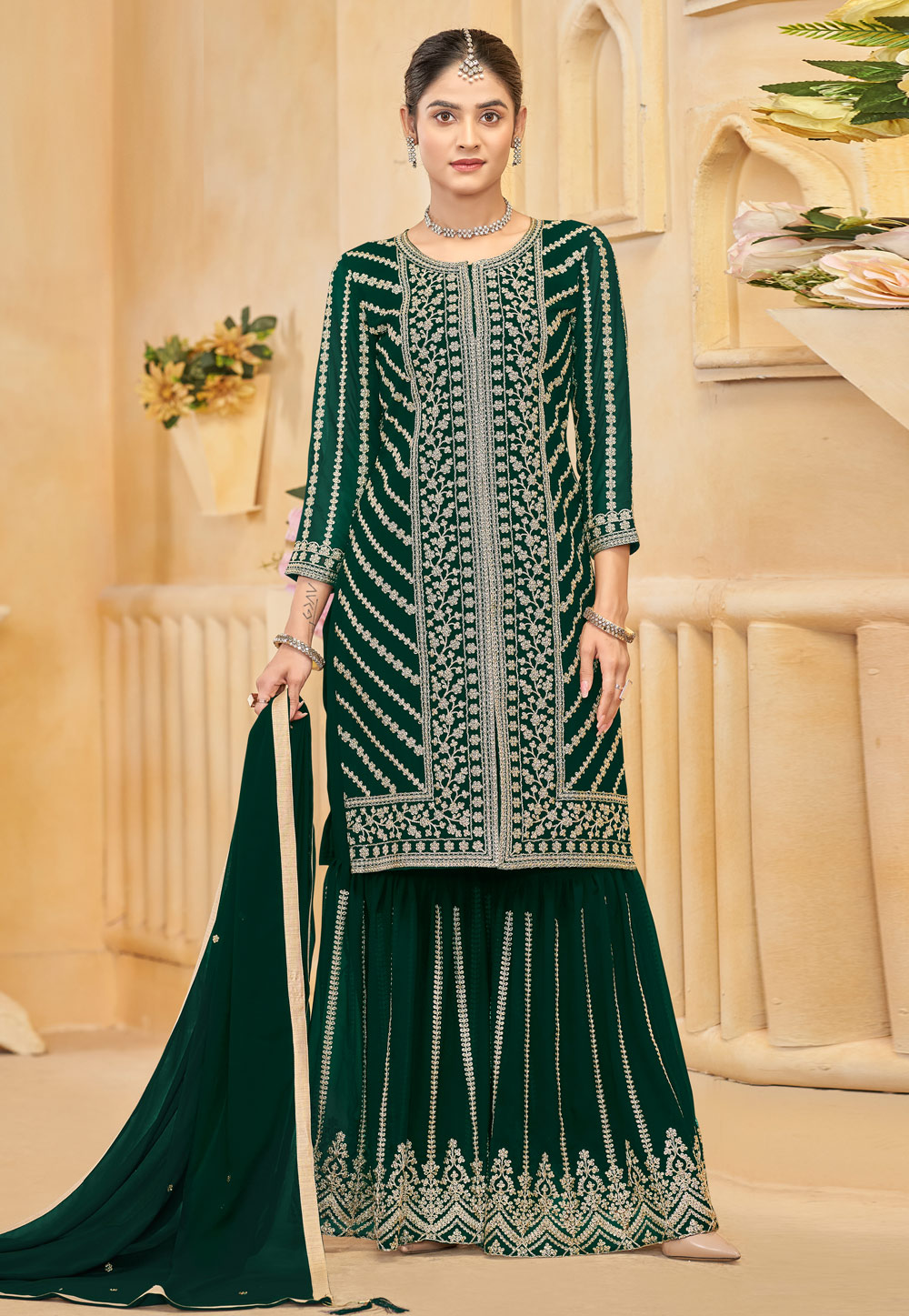 Green Faux Georgette Embroidered Sharara Suit 306310