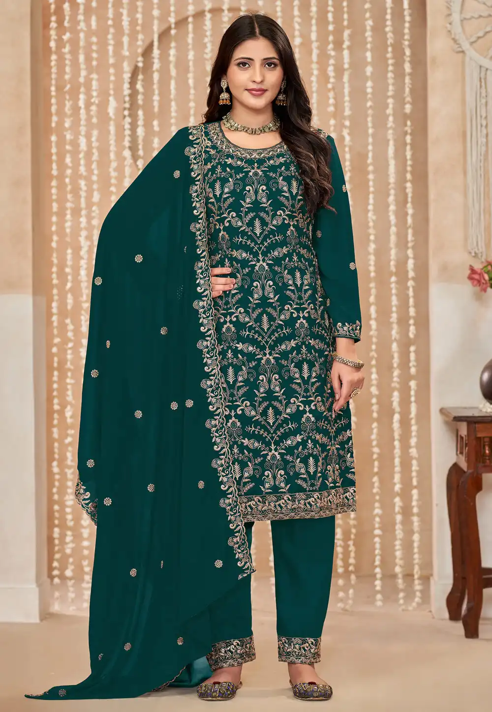 Green Faux Georgette Embroidered Straight Suit 292861