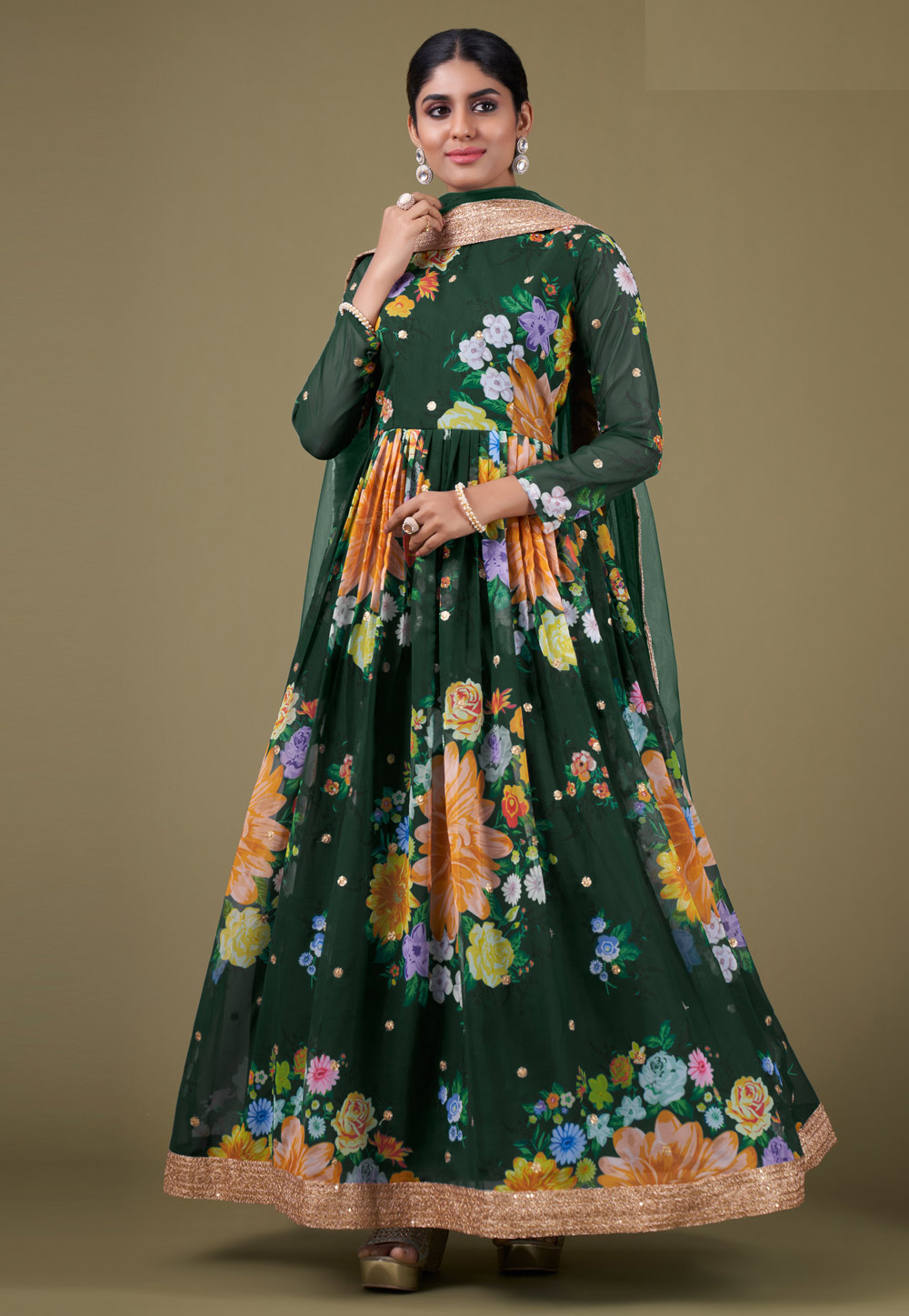 Green Faux Georgette Floral Anarkali Suit 282045