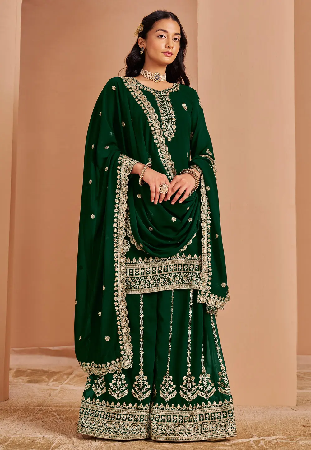 Green Faux Georgette Palazzo Suit 302367