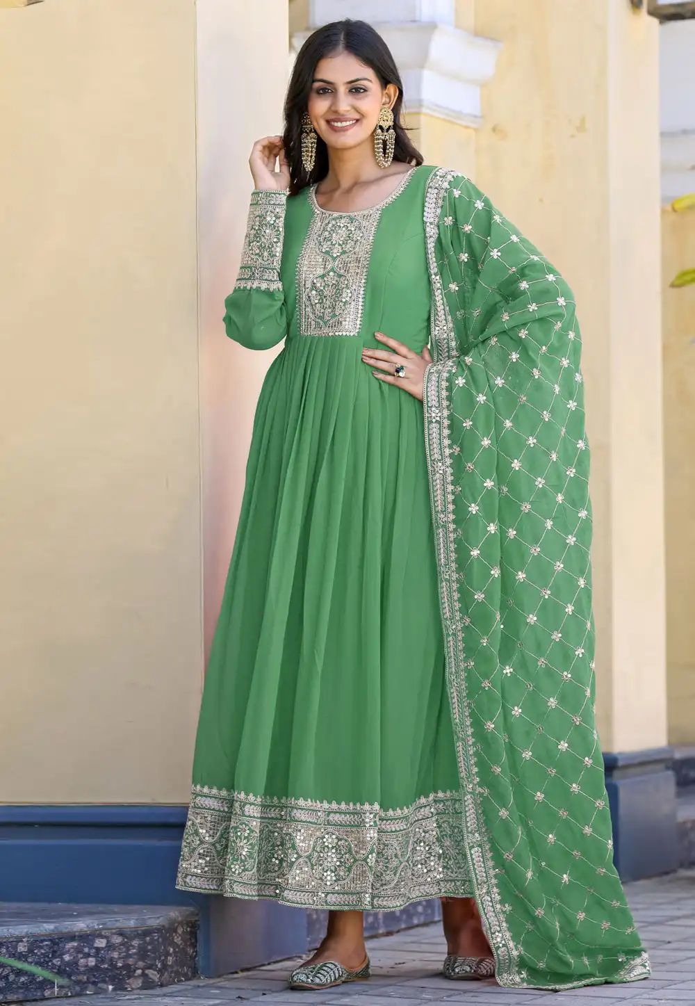 Green Faux Georgette Readymade Anarkali Suit 290946