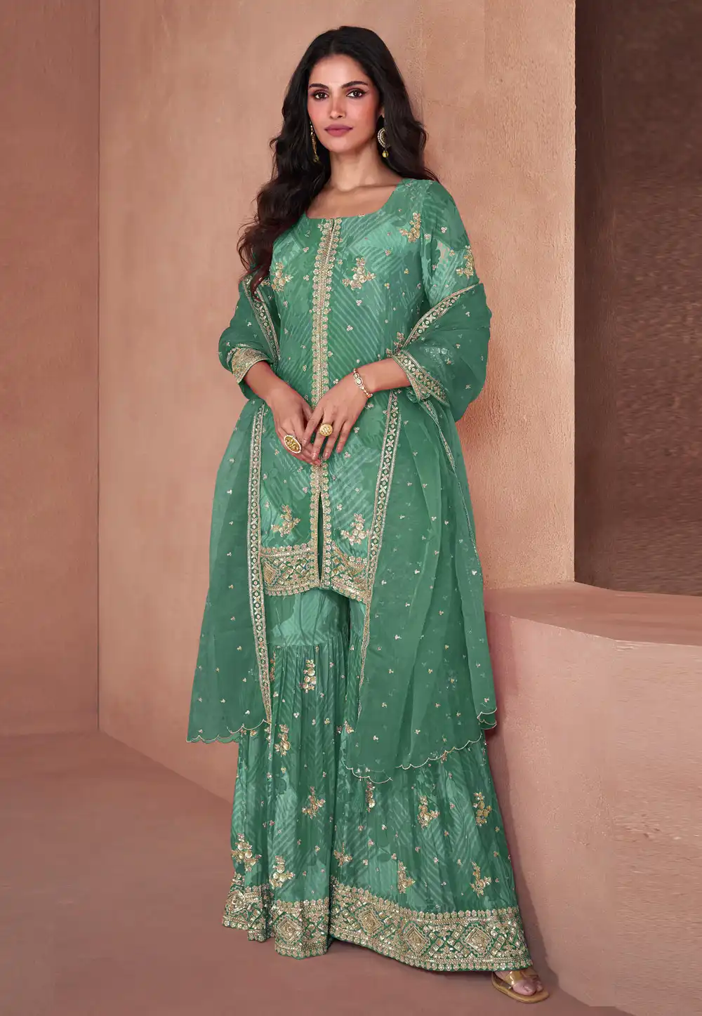 Green Faux Georgette Readymade Gharara Suit 295152