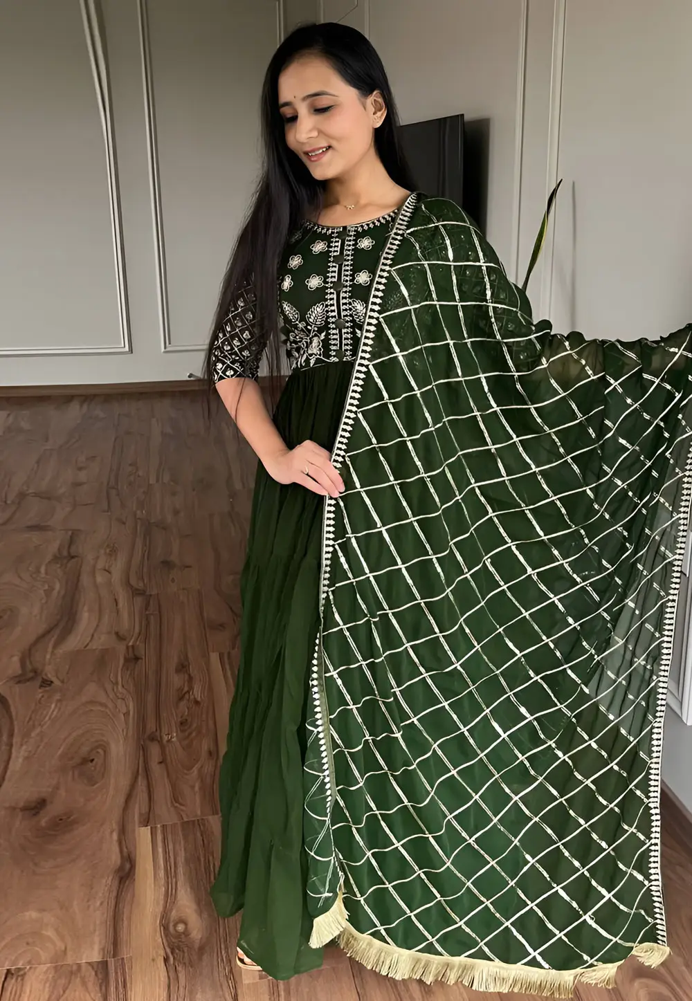 Green Faux Georgette Readymade Long Anarkali Suit 297014