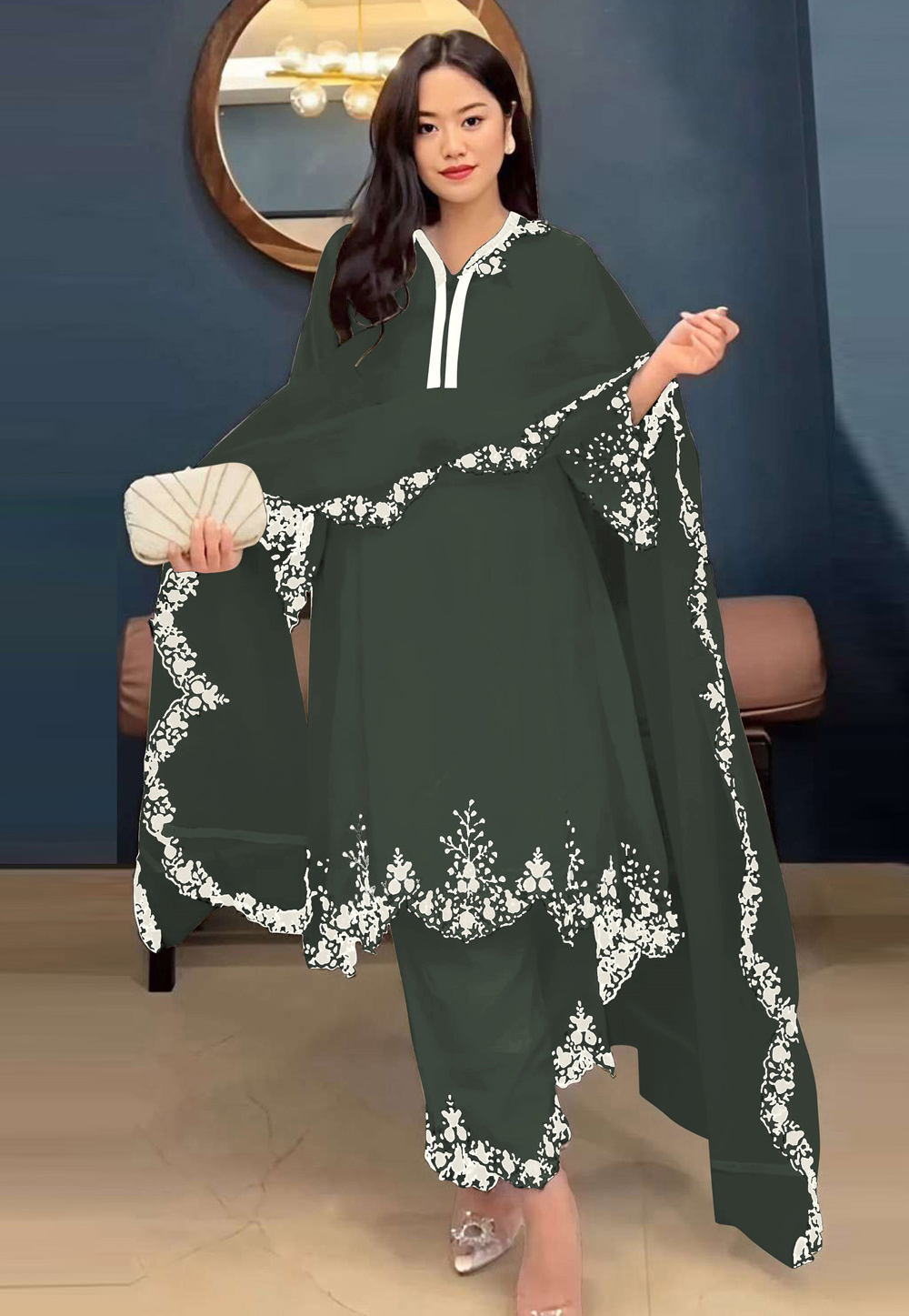 Green Faux Georgette Readymade Pant Style Suit 309315