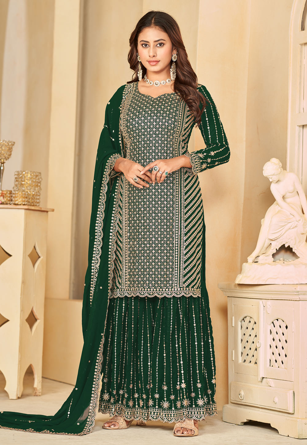 Green Faux Georgette Sharara Suit 282451