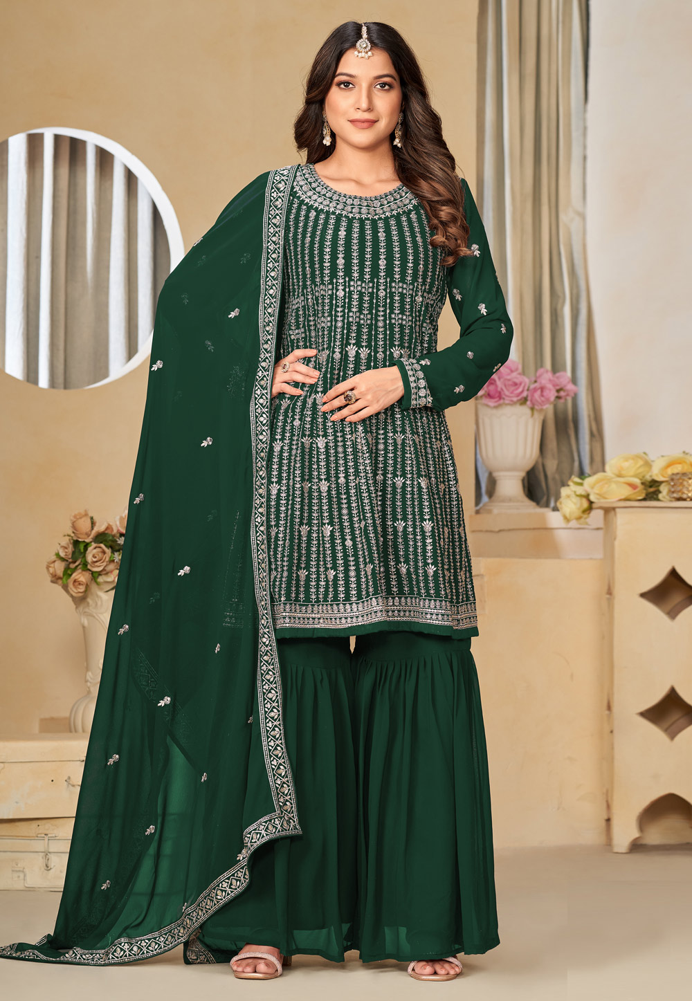 Green Faux Georgette Sharara Suit 284108