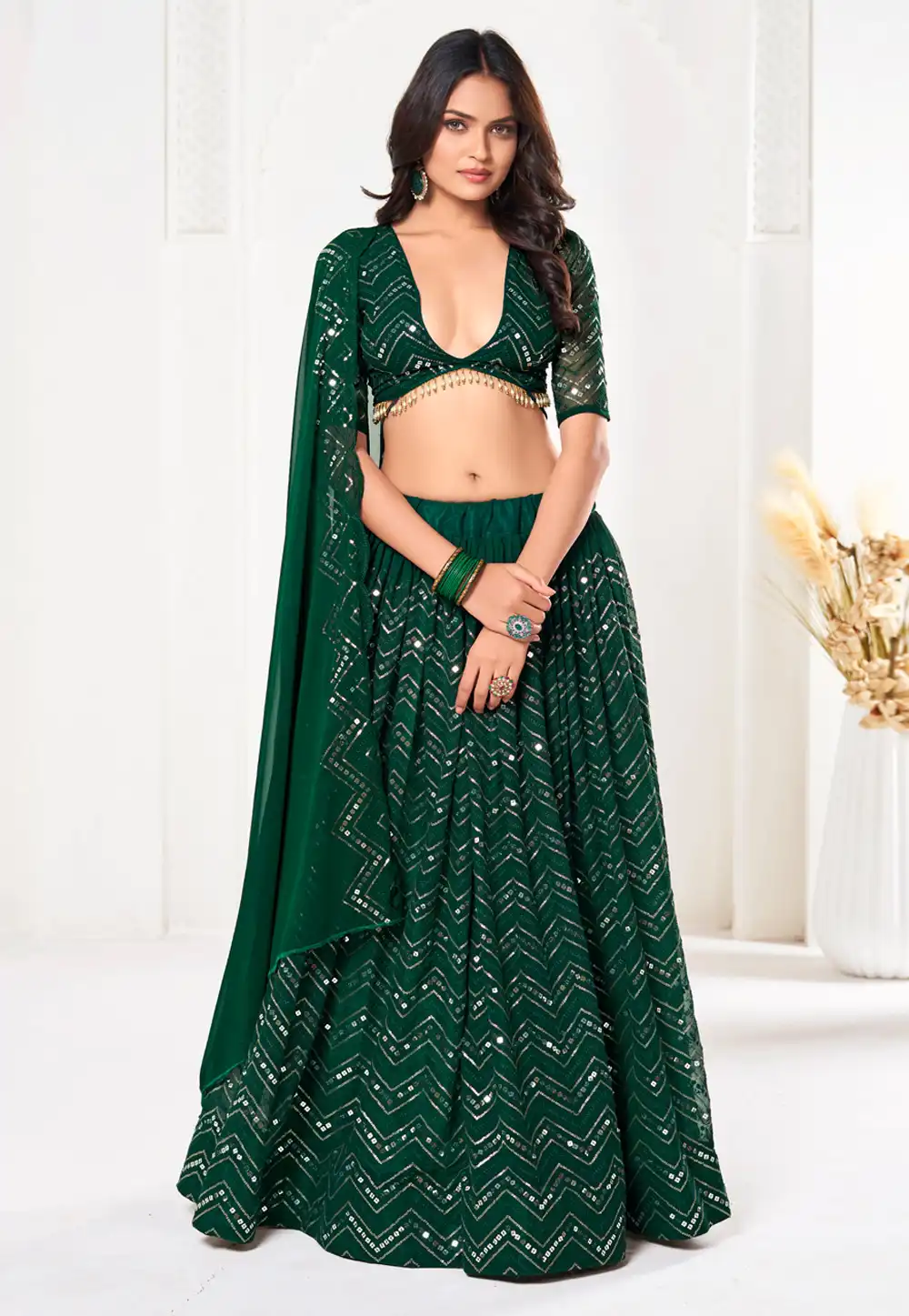 Green Georgette A Line Lehenga Choli 293977