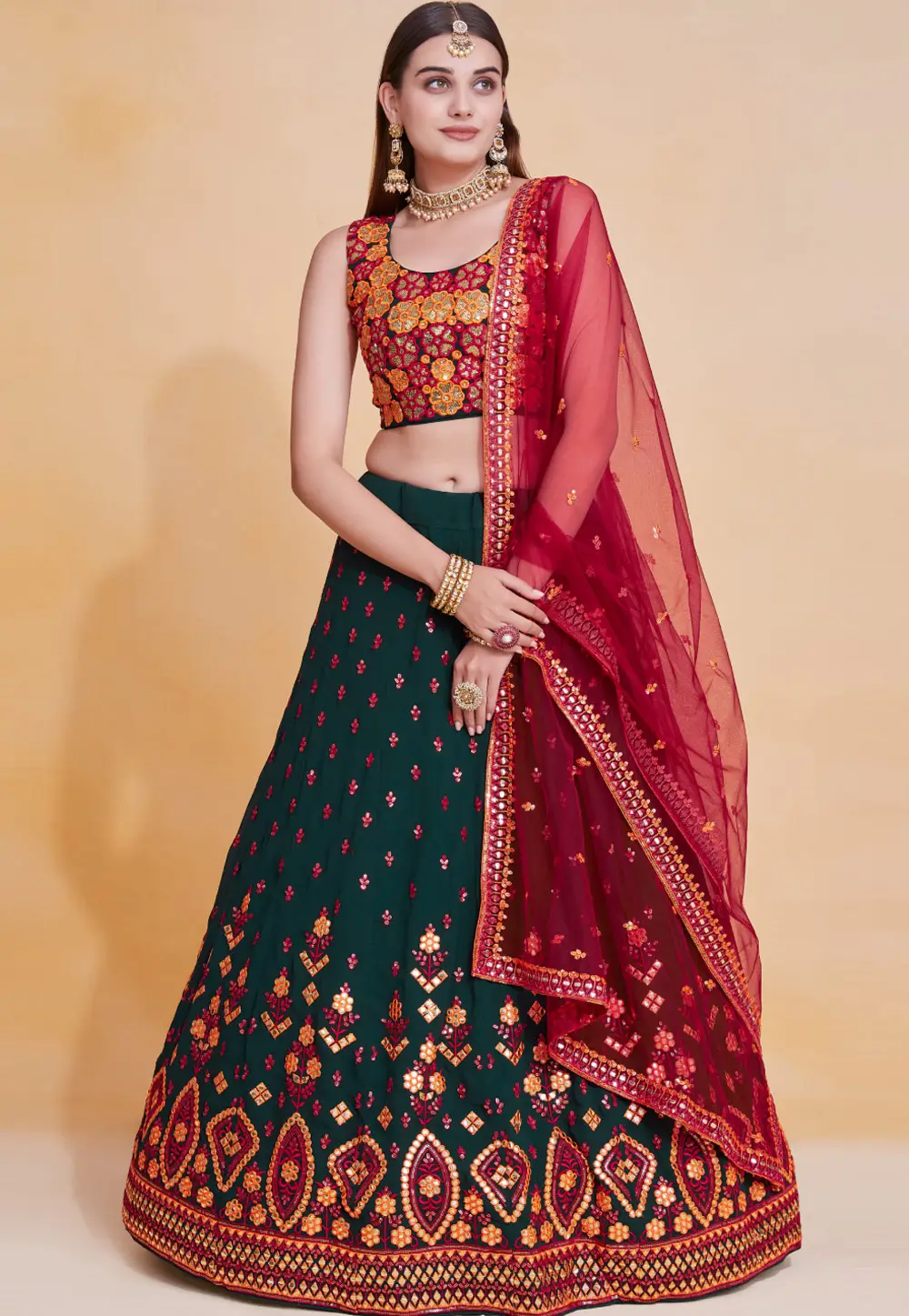 Green Georgette Circular Lehenga Choli 296566