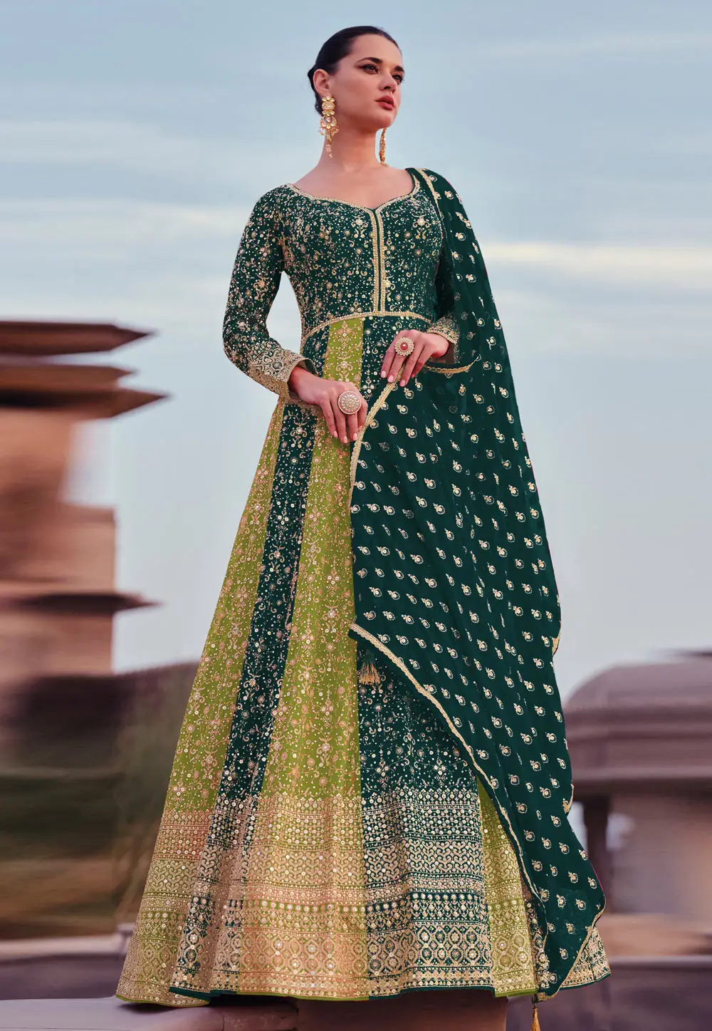 Green Georgette Embroidered Anarkali Suit 295406