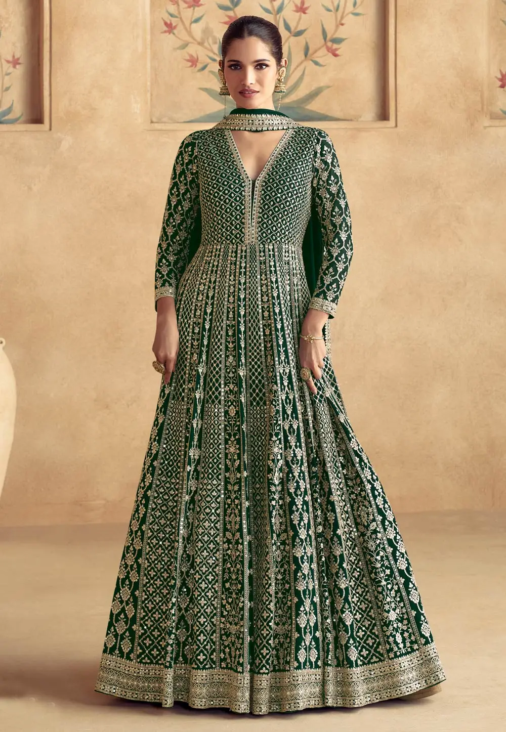 Green Georgette Embroidered Long Anarkali Suit 296833