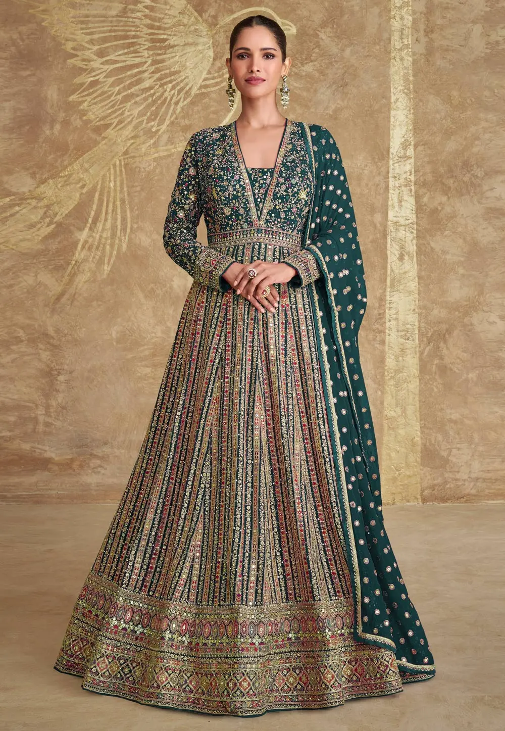 Green Georgette Embroidered Long Anarkali Suit 304029