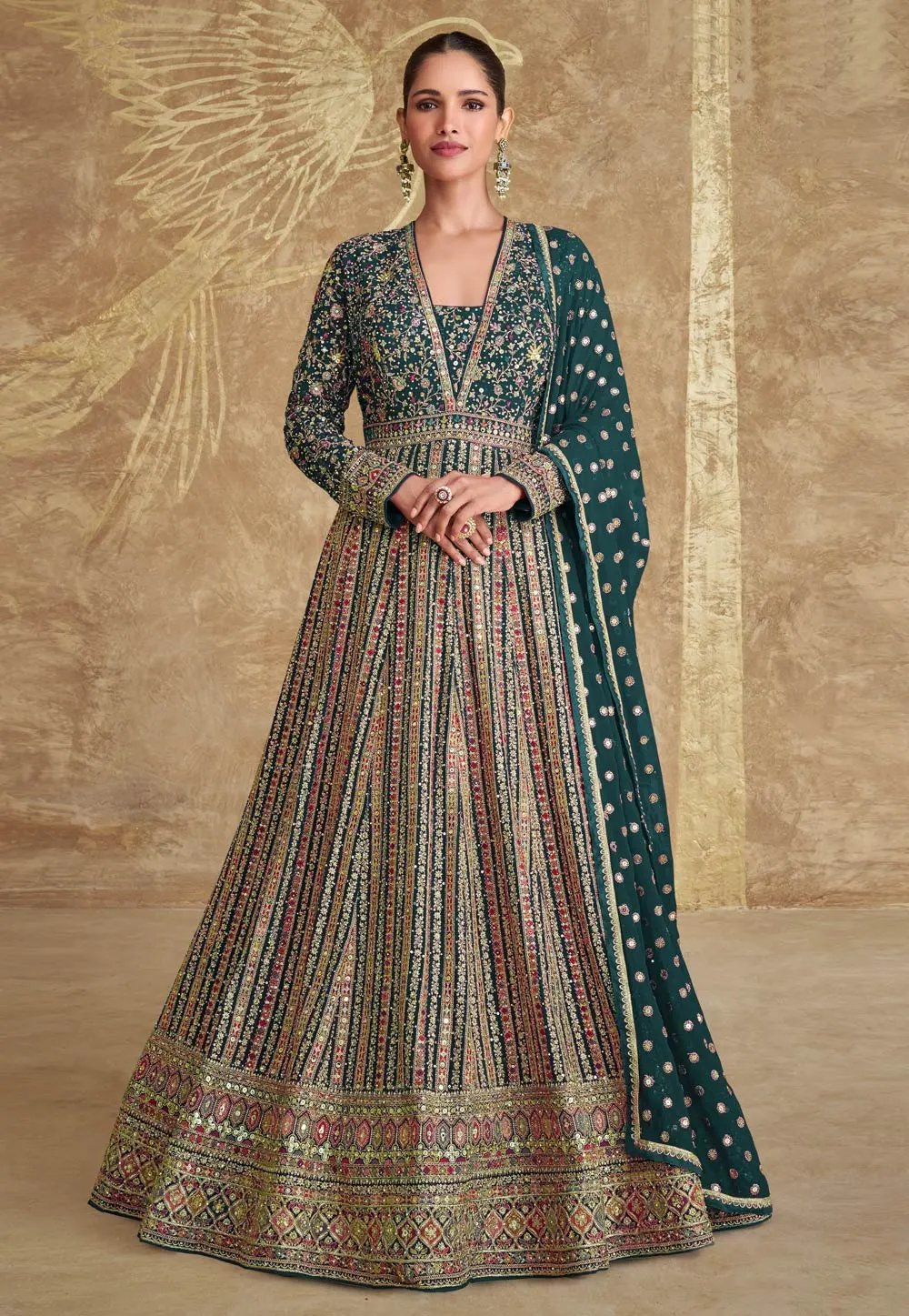 Green Georgette Embroidered Long Anarkali Suit 301084