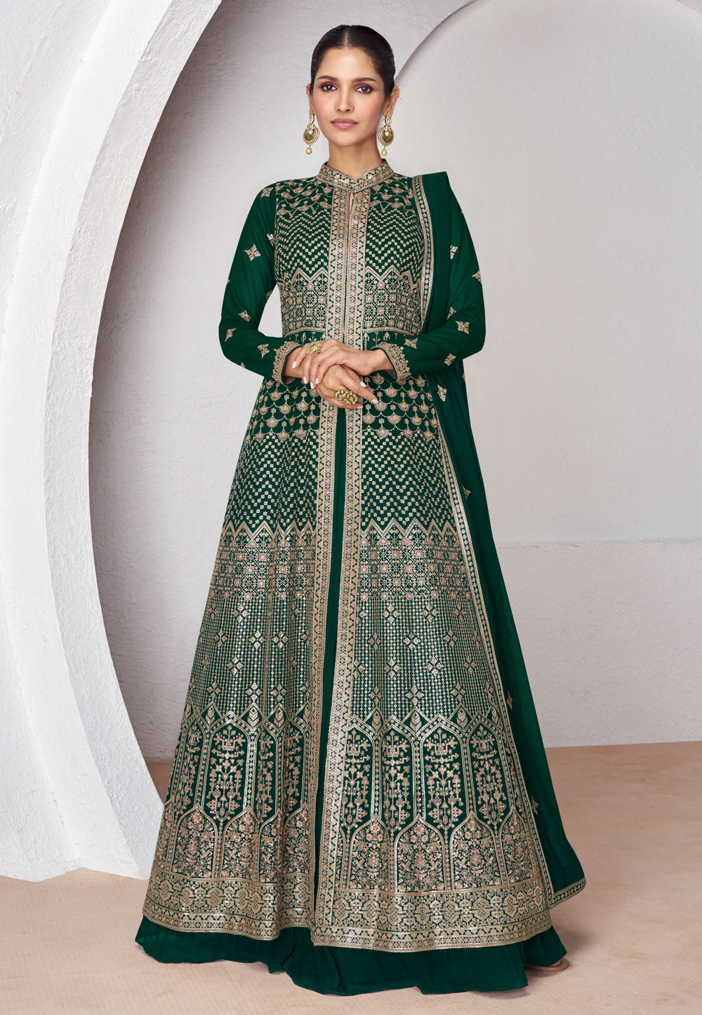 Green Georgette Embroidered Long Choli Lehenga 286696