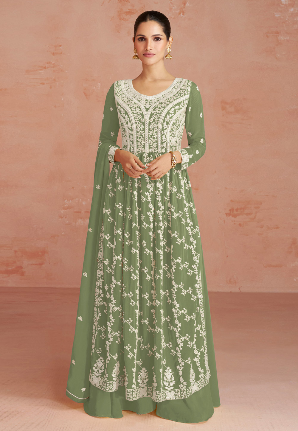 Green Georgette Embroidered Palazzo Suit 278356
