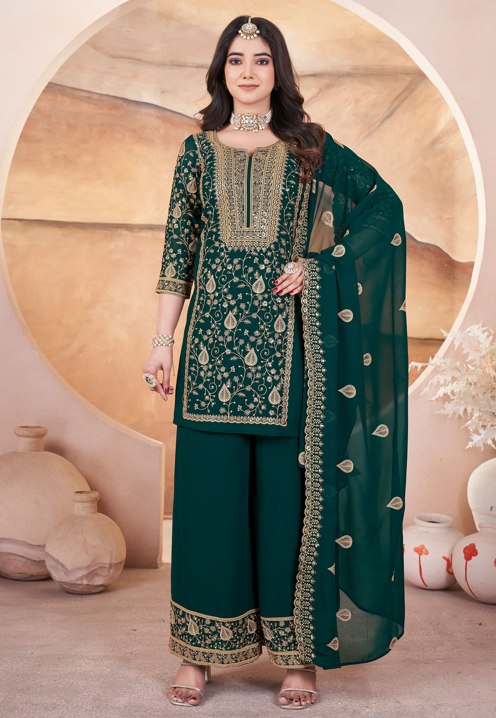 Green Georgette Embroidered Readymade Palazzo Suit 305319