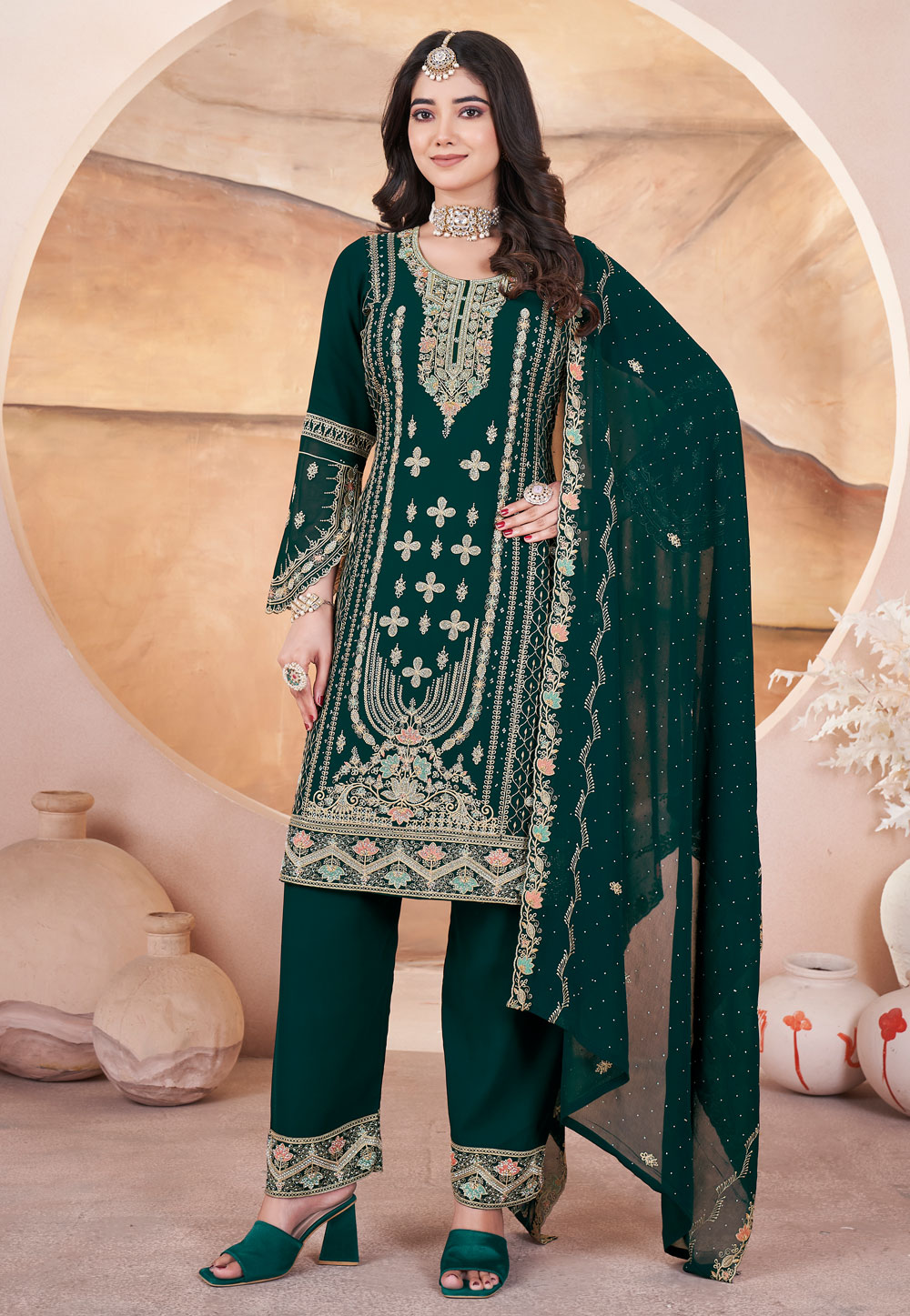 Green Georgette Embroidered Readymade Pant Style Suit 305323