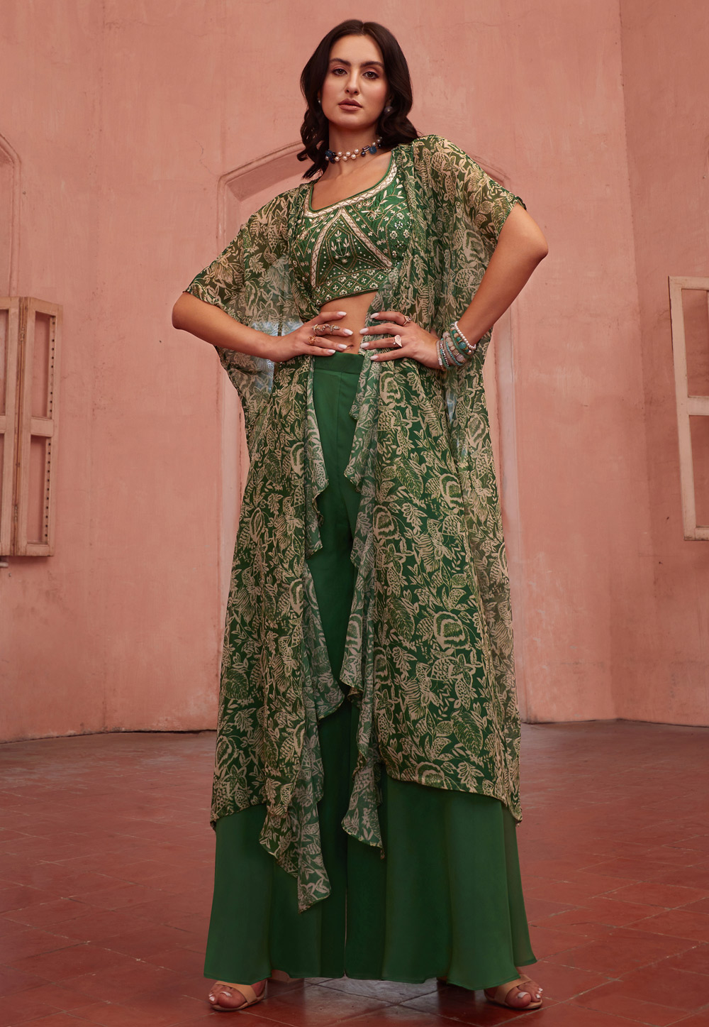 Green Georgette Jacket Style Suit 286529